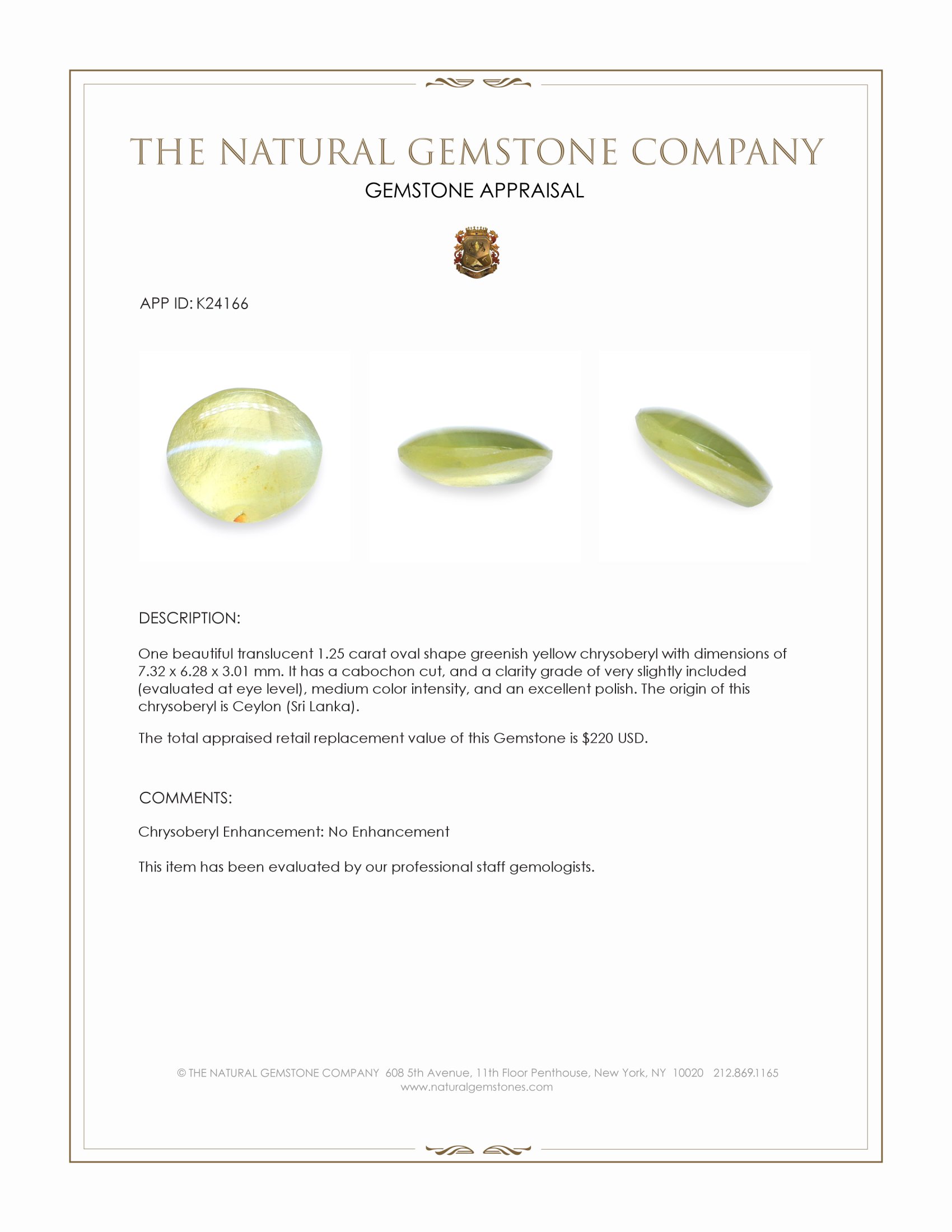 1.25 Ct. Greenish Yellow Cabochon Chrysoberyl from Ceylon (Sri Lanka)