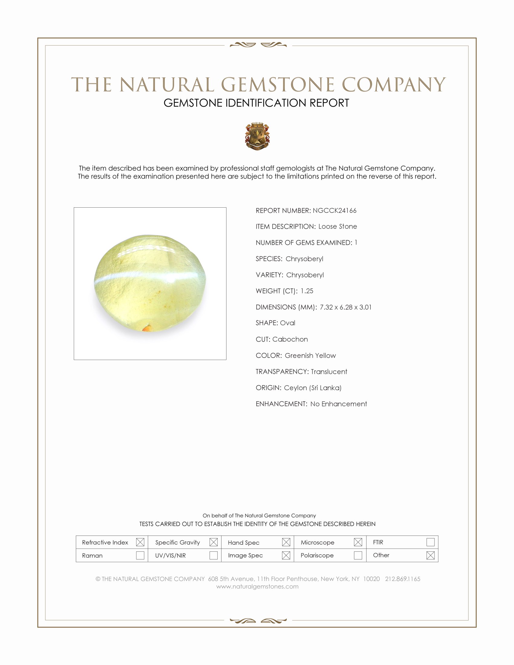 1.25 Ct. Greenish Yellow Cabochon Chrysoberyl from Ceylon (Sri Lanka)