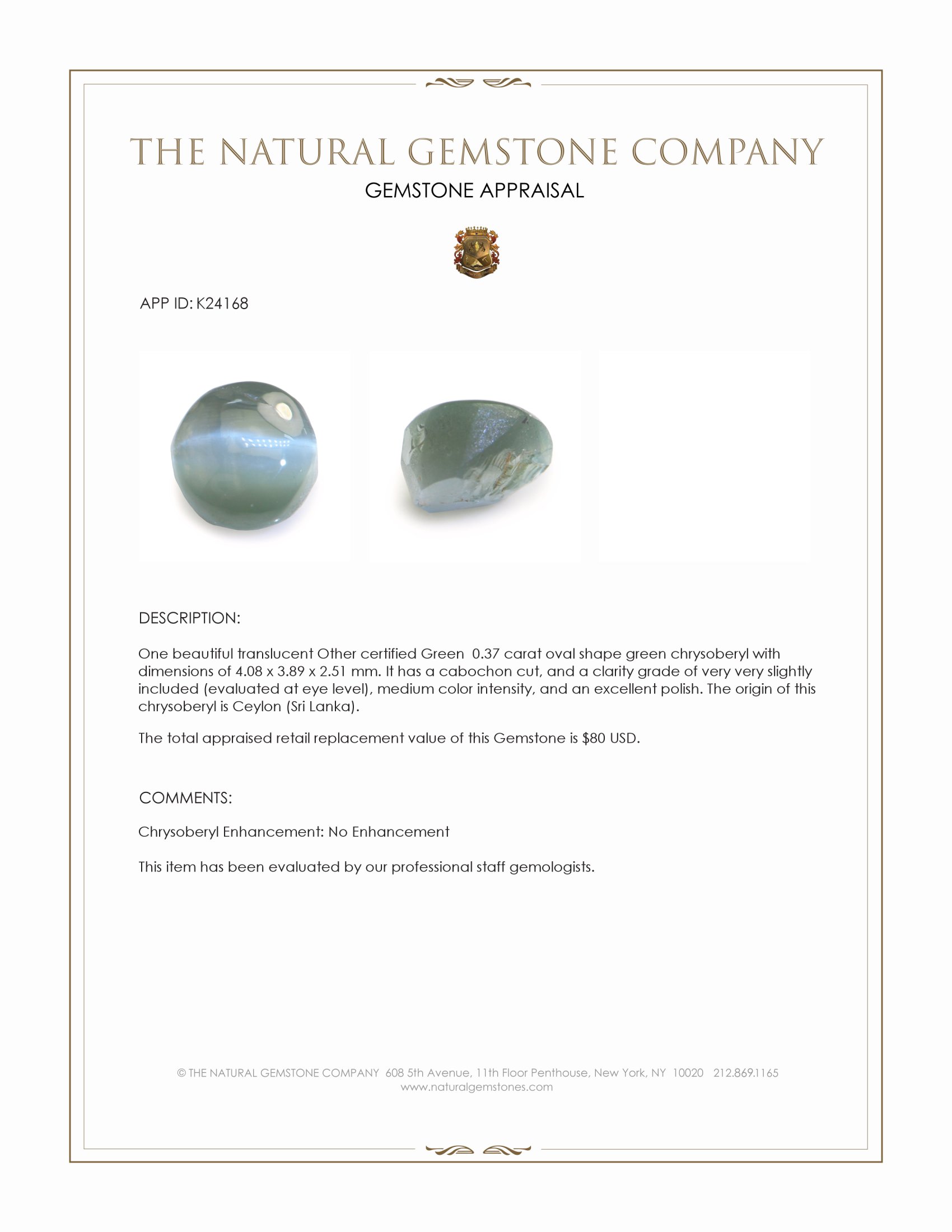 0.37 Ct. Green Cabochon Chrysoberyl from Ceylon (Sri Lanka)