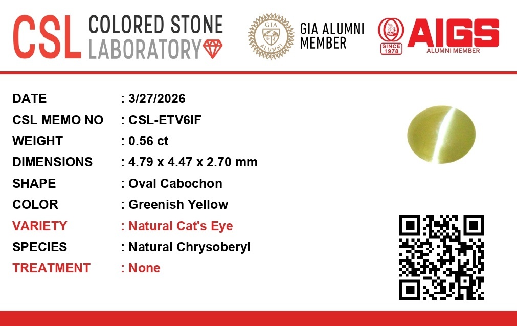 0.55 Ct. Greenish Yellow Cabochon Chrysoberyl from Ceylon (Sri Lanka)