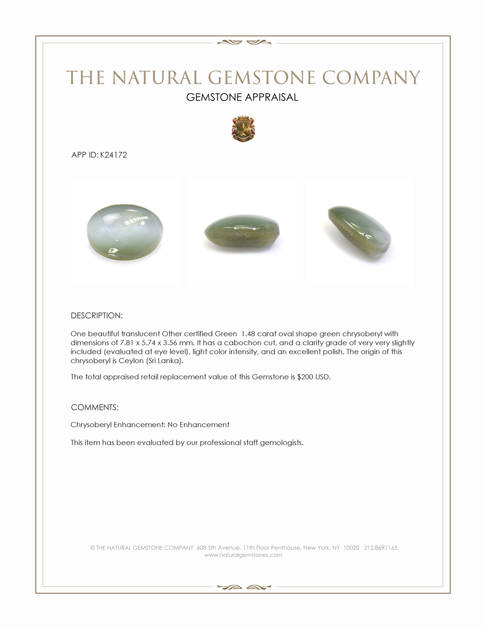 1.48 Ct. Green Cabochon Chrysoberyl from Ceylon (Sri Lanka)