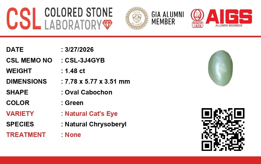 1.48 Ct. Green Cabochon Chrysoberyl from Ceylon (Sri Lanka)