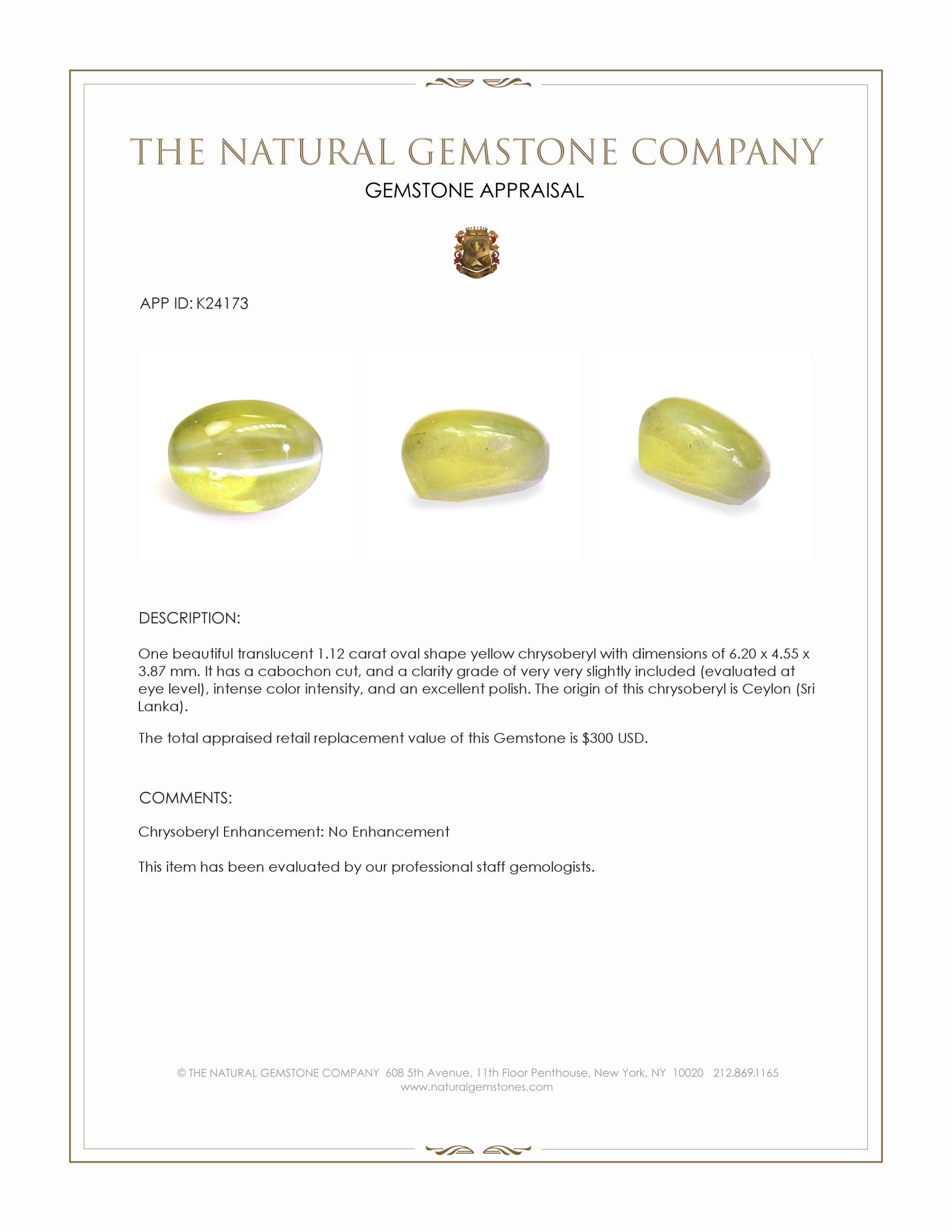1.12 Ct. Yellow Cabochon Chrysoberyl from Ceylon (Sri Lanka)