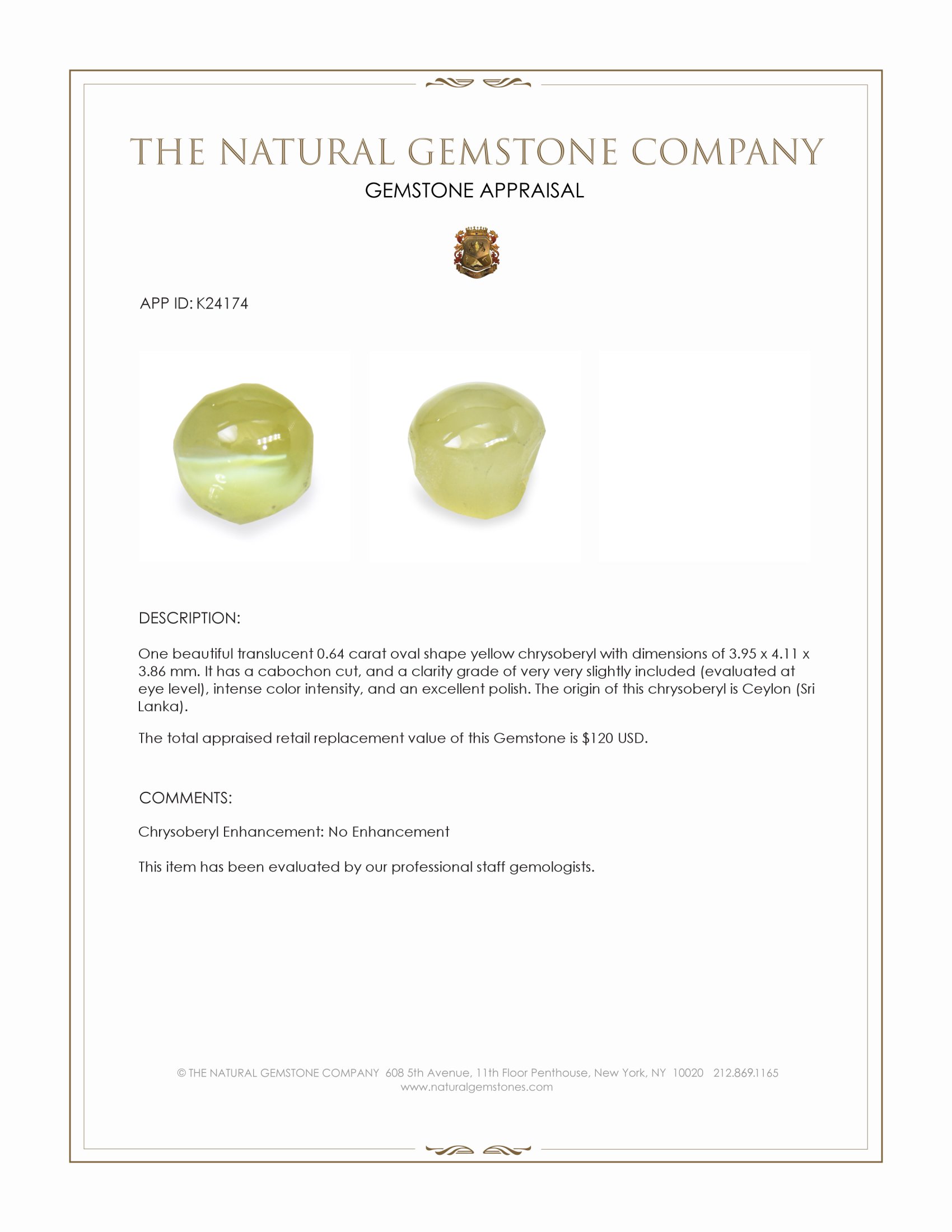 0.64 Ct. Yellow Cabochon Chrysoberyl from Ceylon (Sri Lanka)