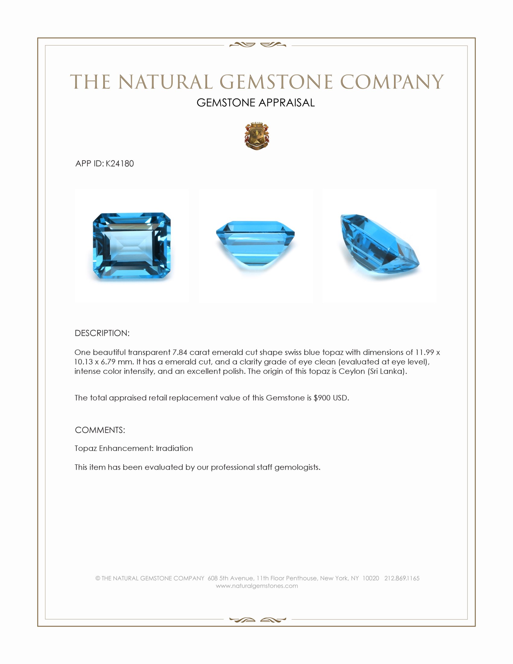 7.84 Ct. Swiss Blue Topaz from Ceylon (Sri Lanka)