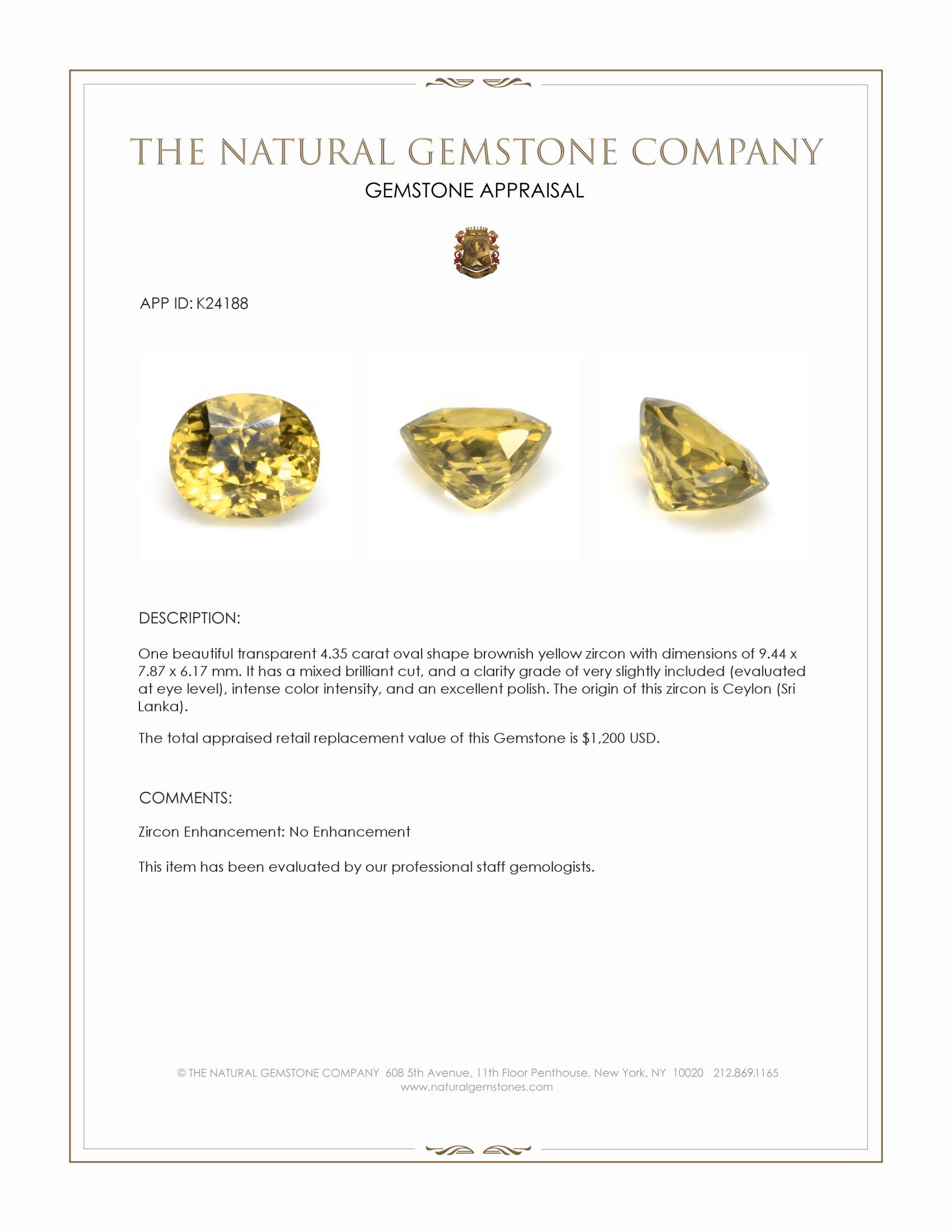 4.35 Ct. Brownish Yellow Zircon from Ceylon (Sri Lanka)