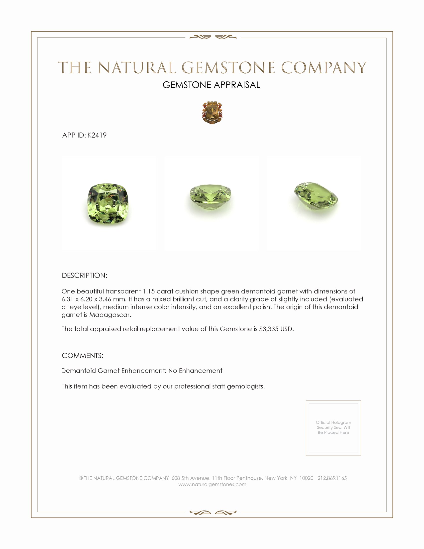 1.15 Ct. Demantoid Garnet from Madagascar