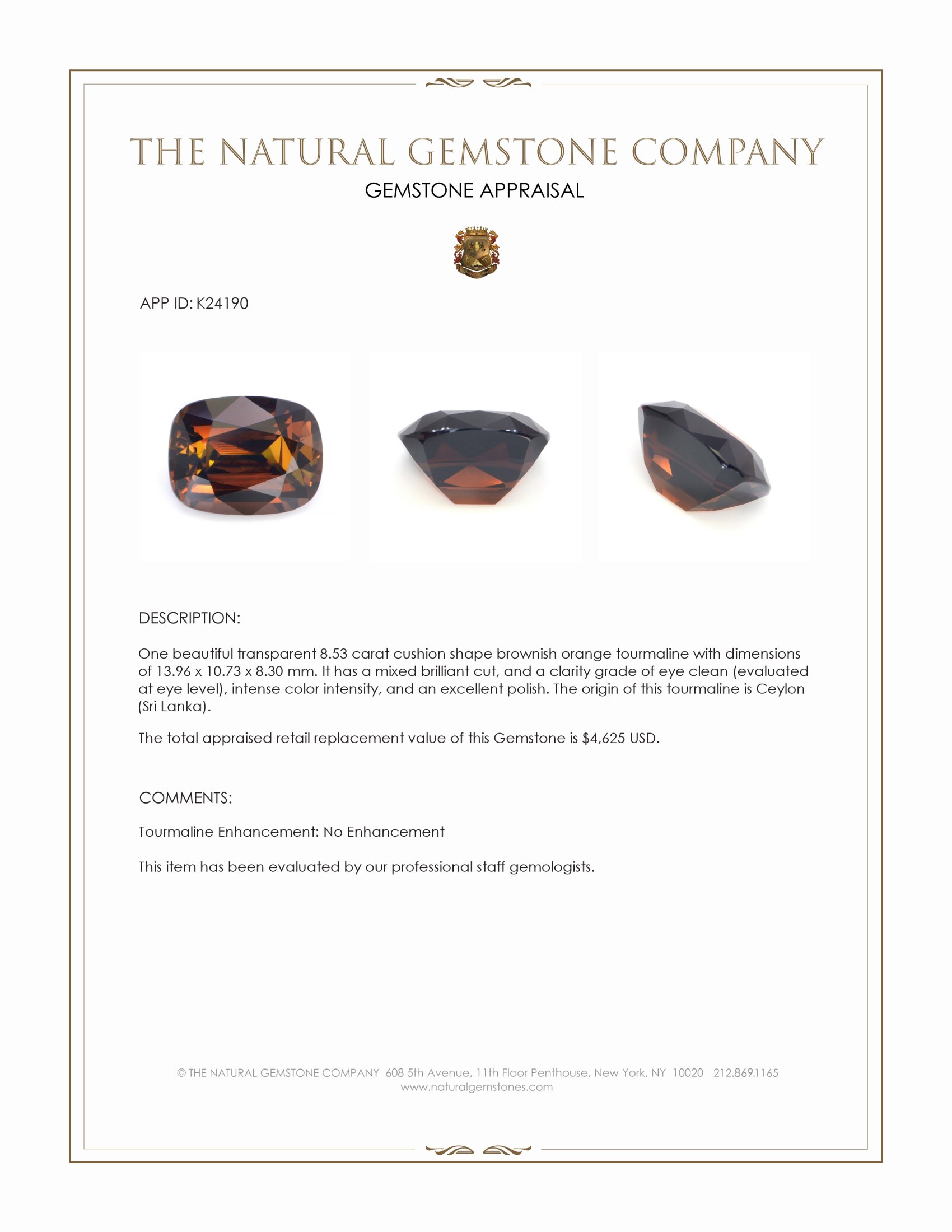 8.53 Ct. Brownish Orange Tourmaline from Ceylon (Sri Lanka)