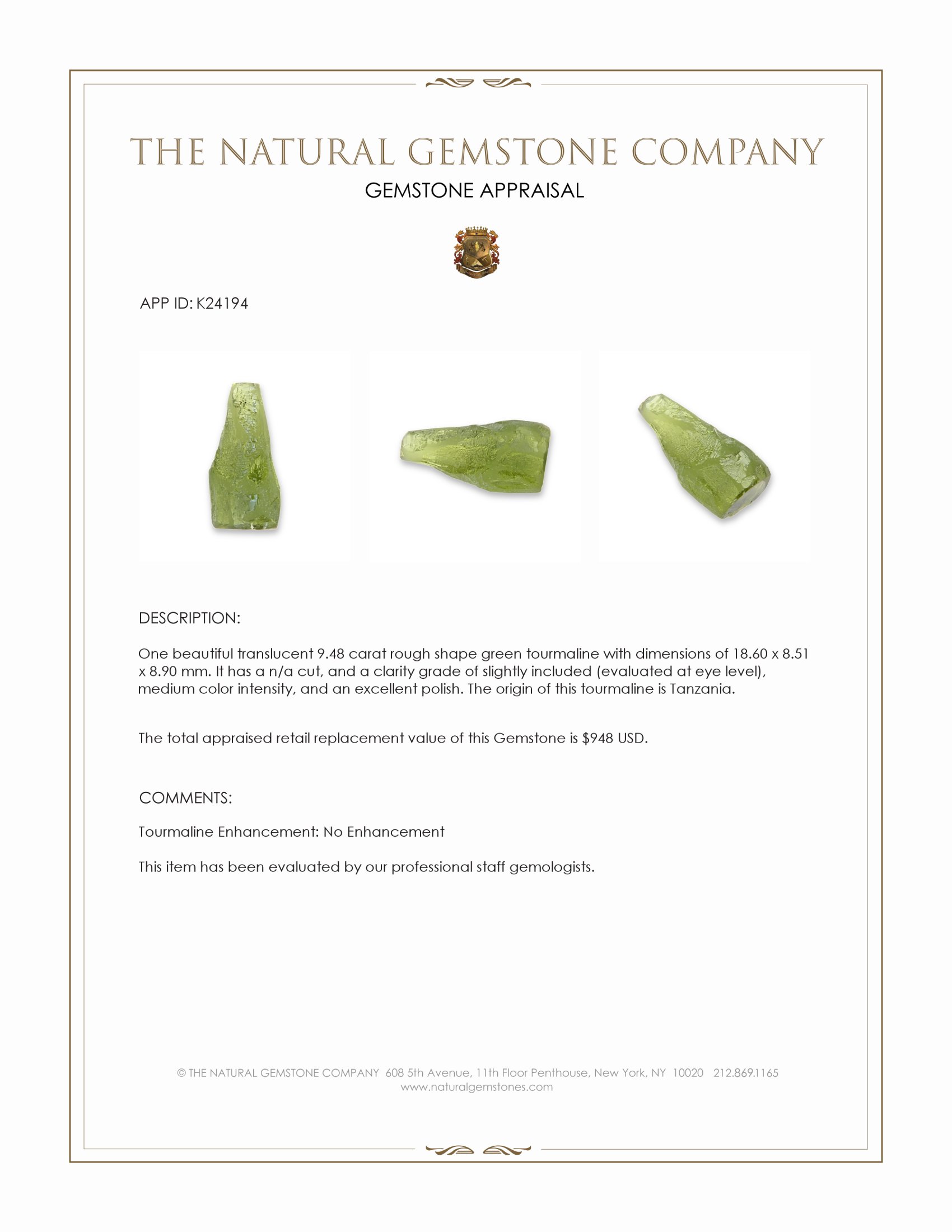 9.48 Ct. Green Tourmaline from Tanzania