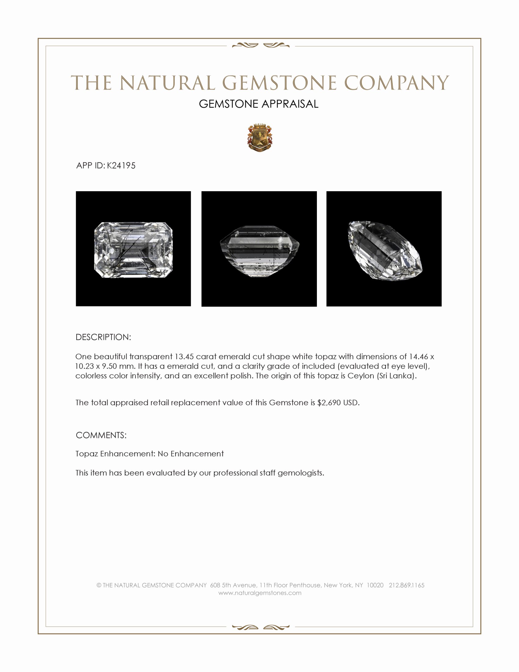 13.45 Ct. White Topaz from Ceylon (Sri Lanka)