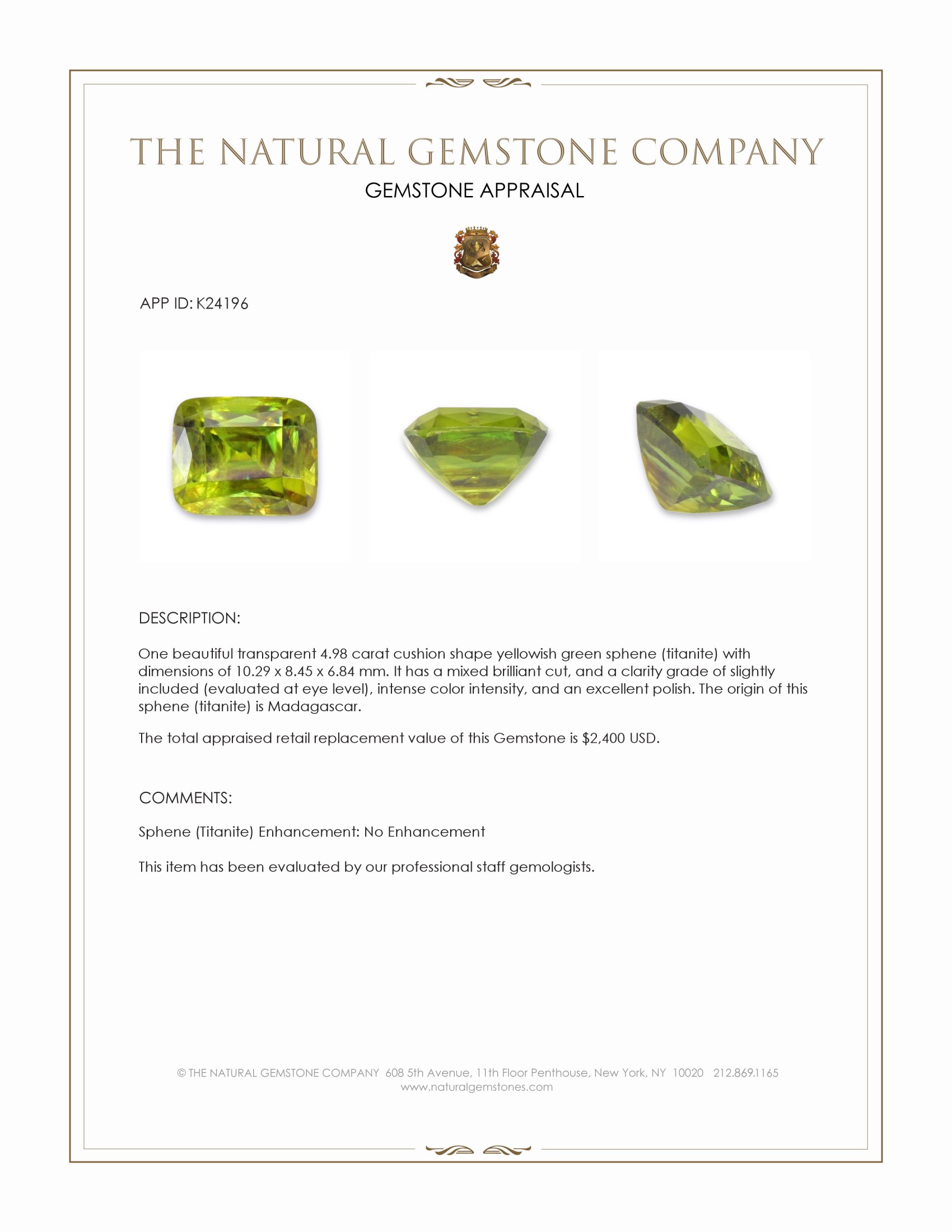 4.98 Ct. Yellowish Green Sphene (Titanite) from Madagascar