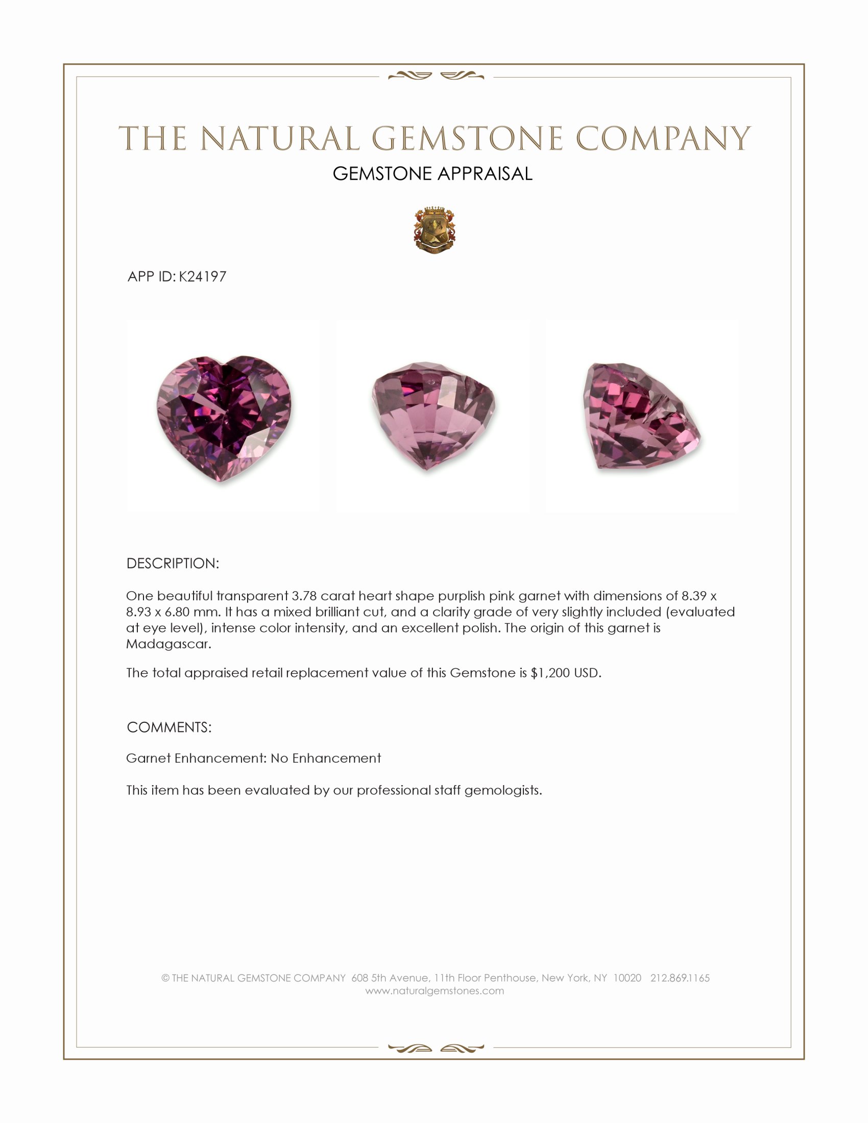 3.78 Ct. Purplish Pink Garnet from Madagascar