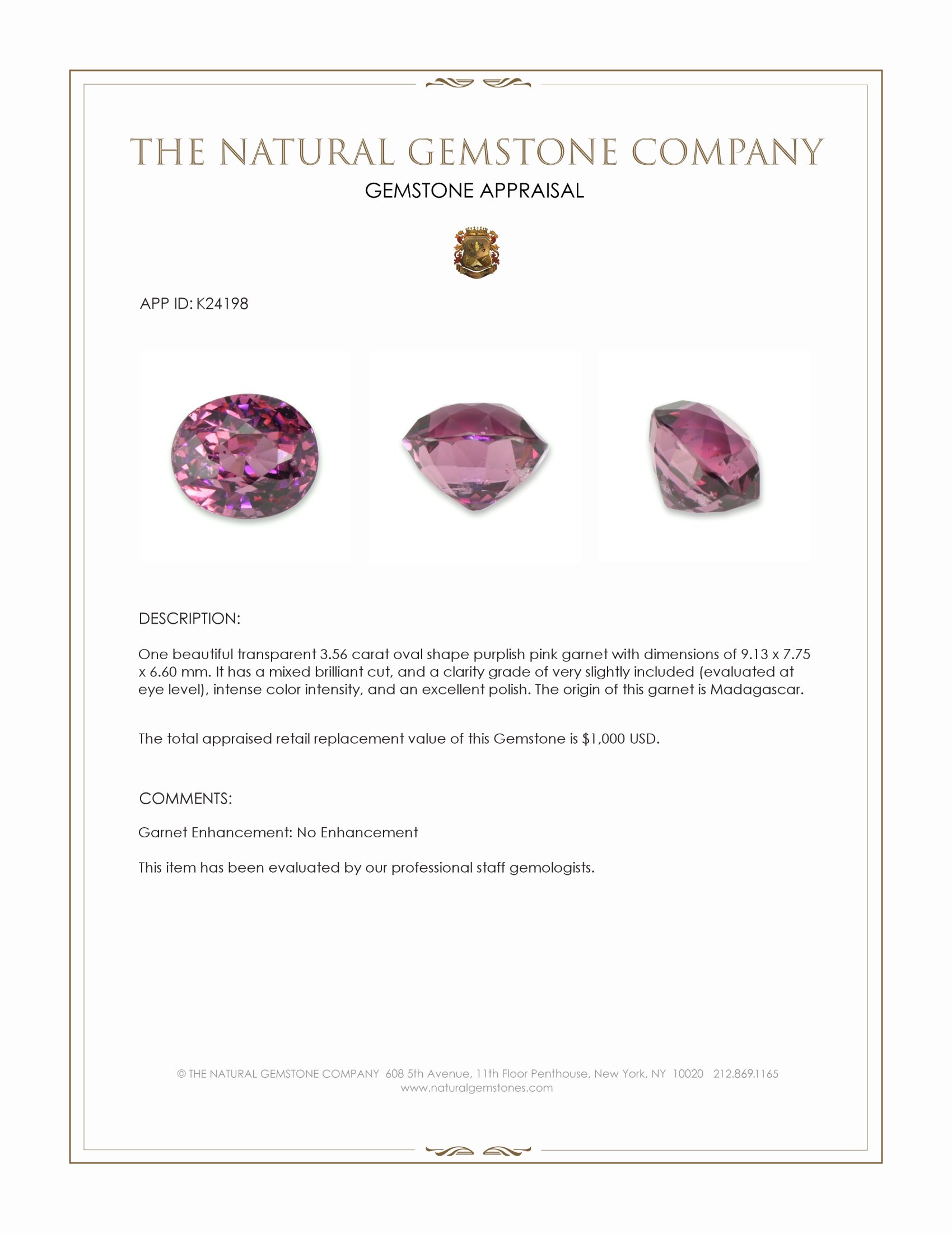 3.56 Ct. Purplish Pink Garnet from Madagascar