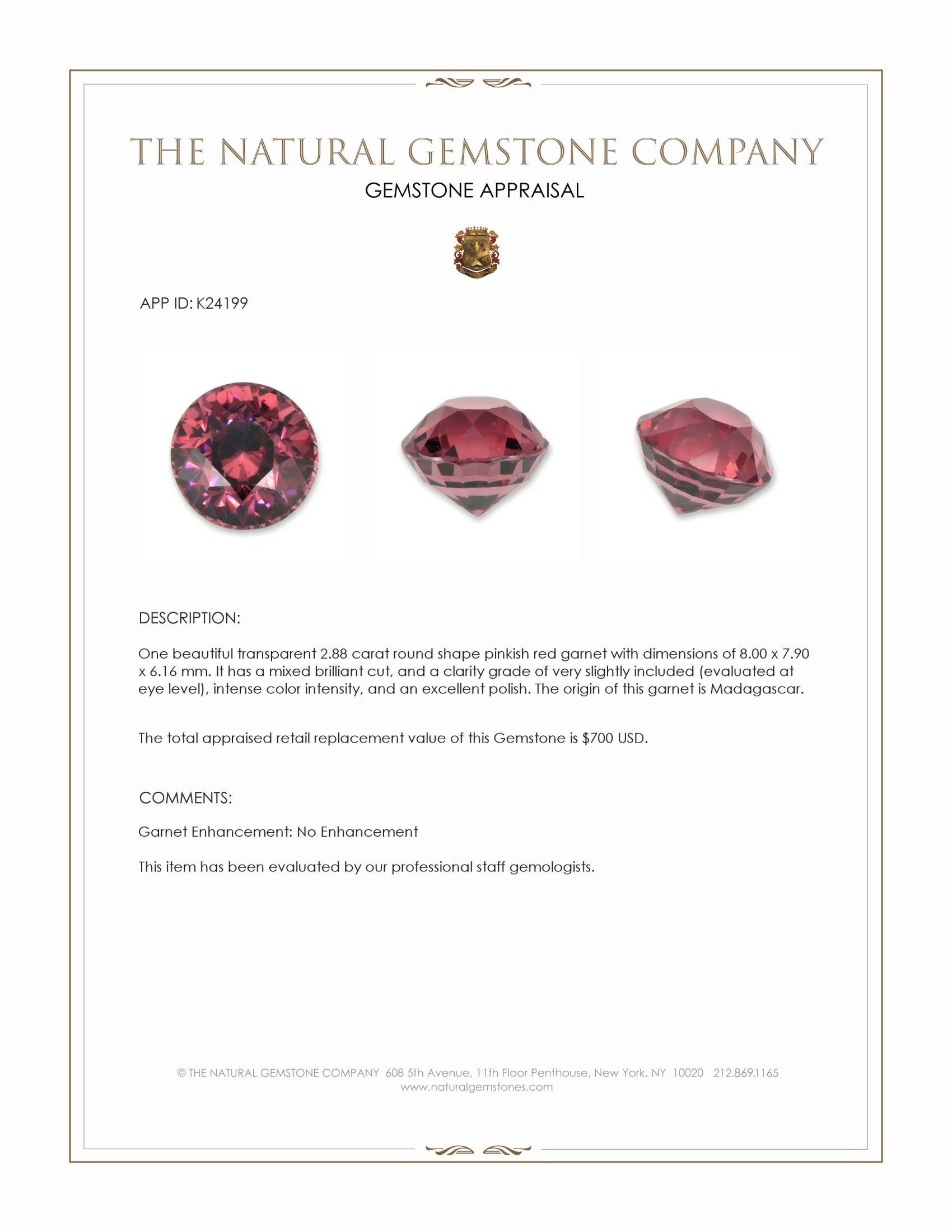 2.88 Ct. Pinkish Red Garnet from Madagascar