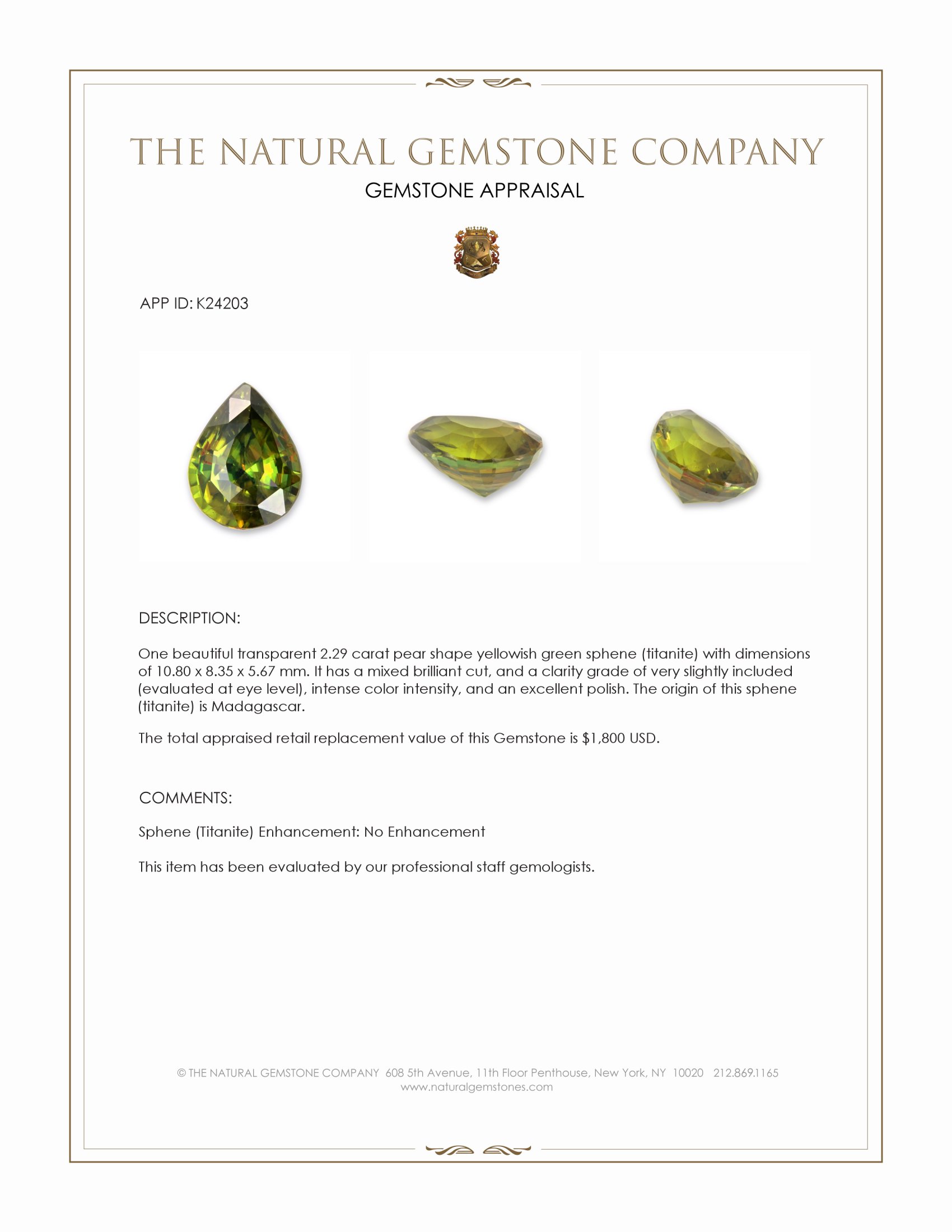 2.29 Ct. Yellowish Green Sphene (Titanite) from Madagascar
