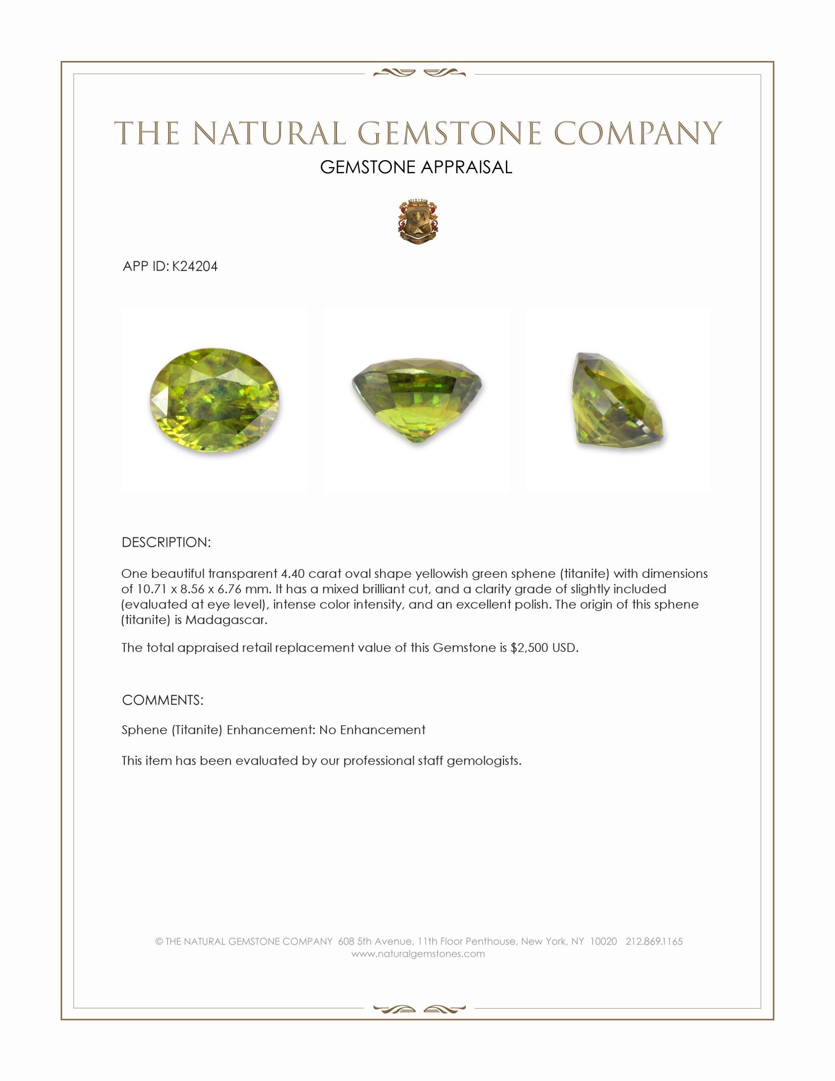 4.40 Ct. Yellowish Green Sphene (Titanite) from Madagascar