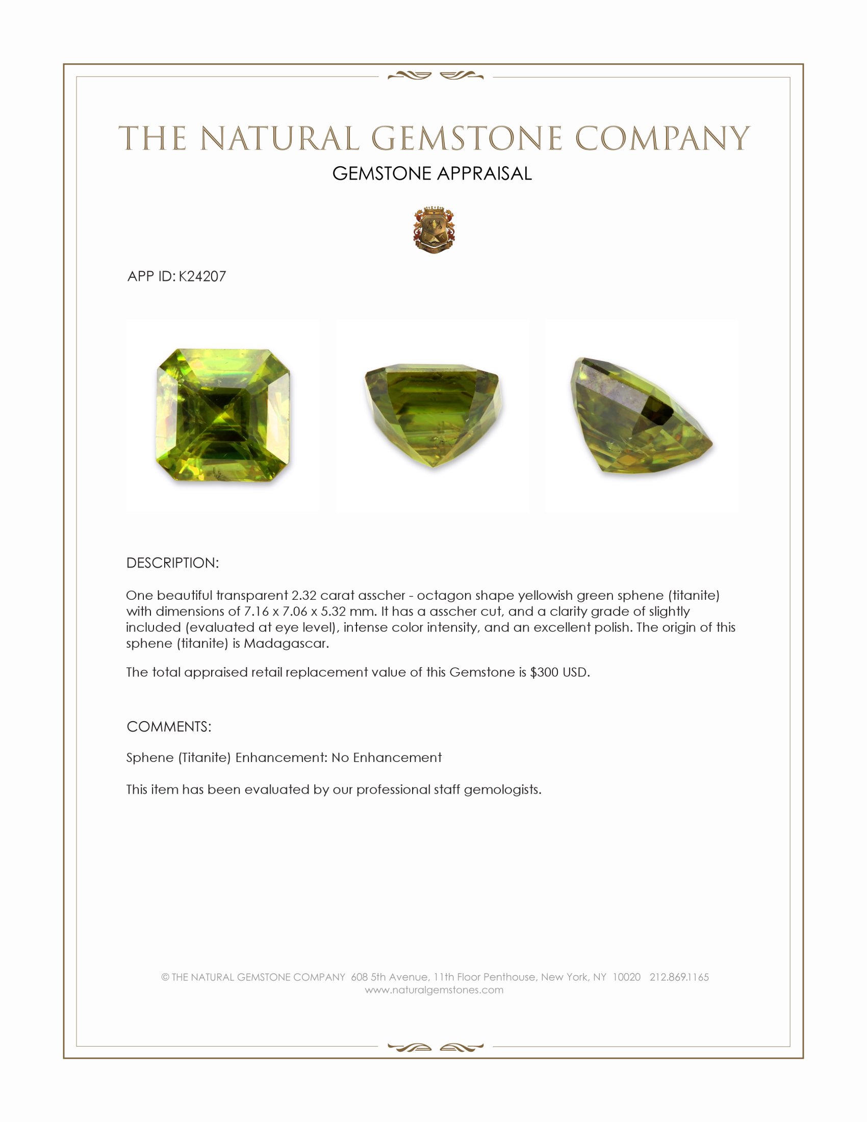 2.32 Ct. Yellowish Green Sphene (Titanite) from Madagascar