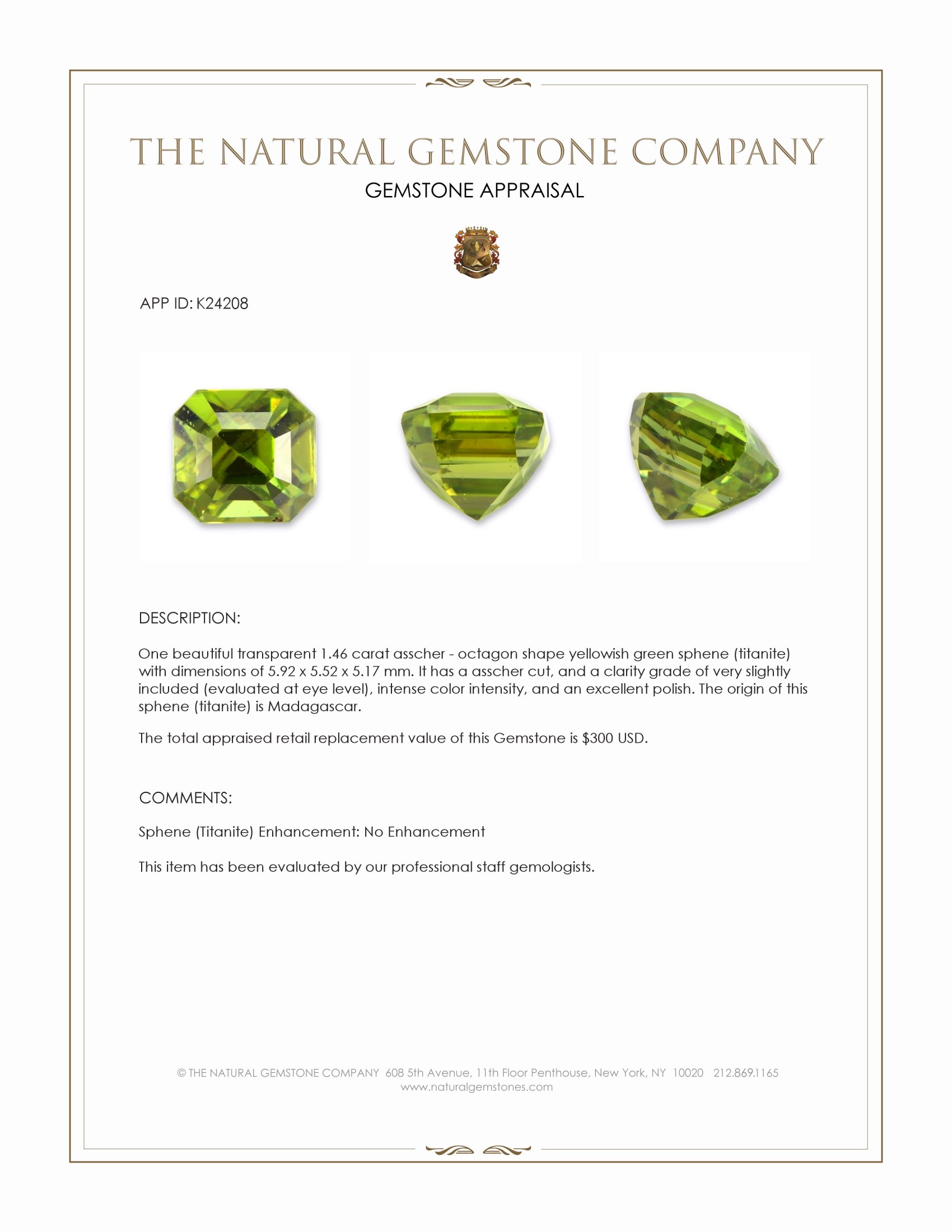 1.46 Ct. Yellowish Green Sphene (Titanite) from Madagascar