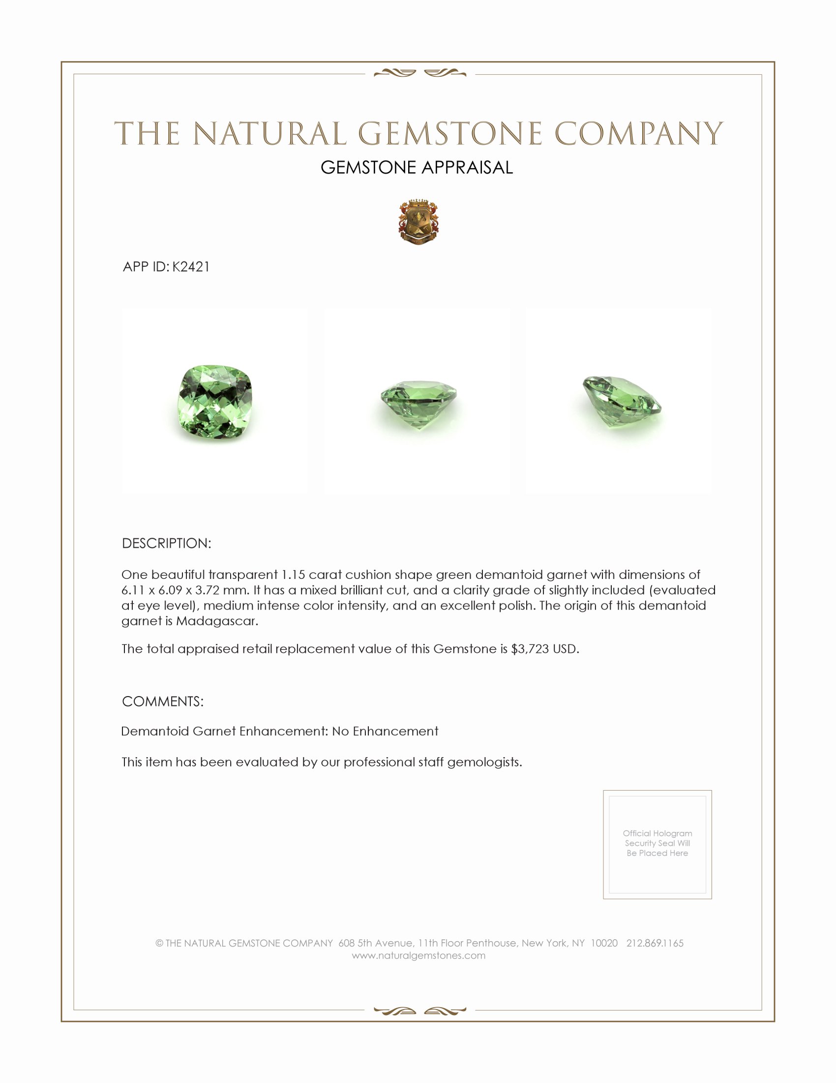 1.15 Ct. Demantoid Garnet from Madagascar