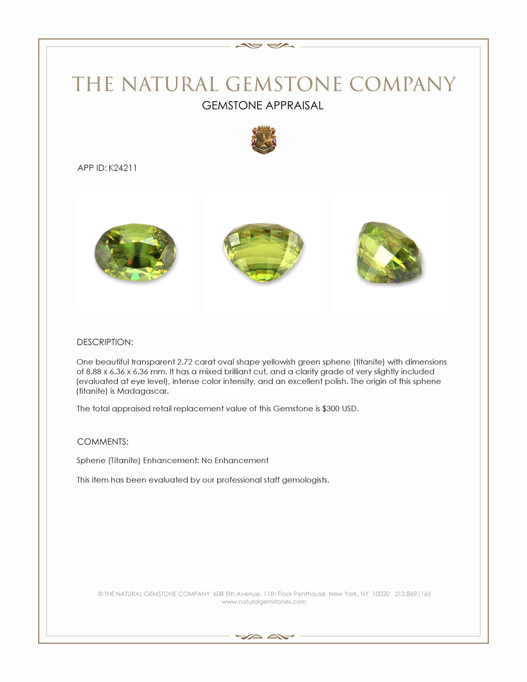 2.72 Ct. Yellowish Green Sphene (Titanite) from Madagascar