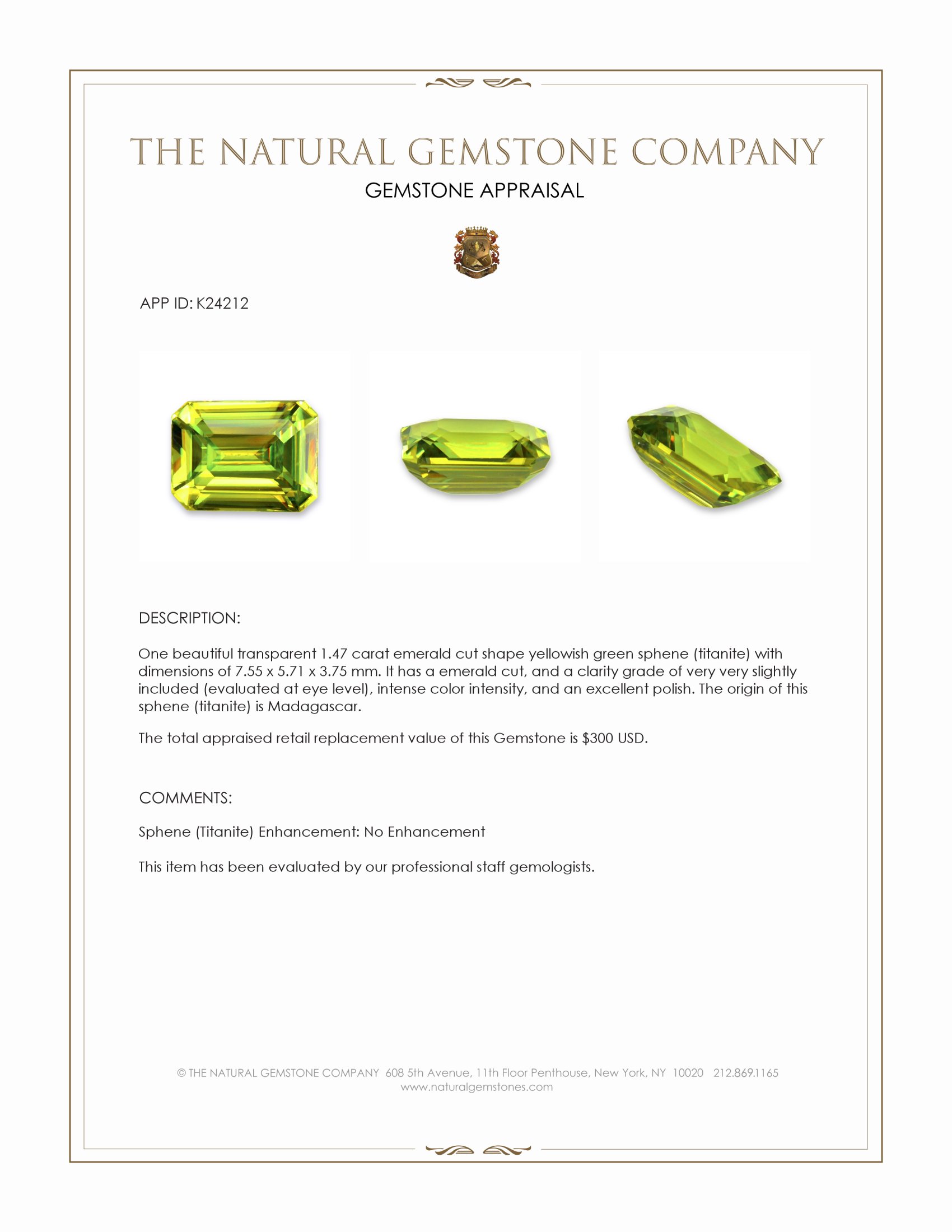 1.47 Ct. Yellowish Green Sphene (Titanite) from Madagascar