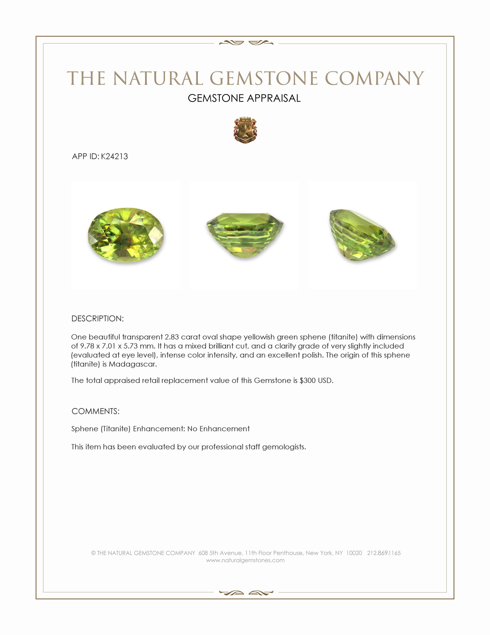2.83 Ct. Yellowish Green Sphene (Titanite) from Madagascar