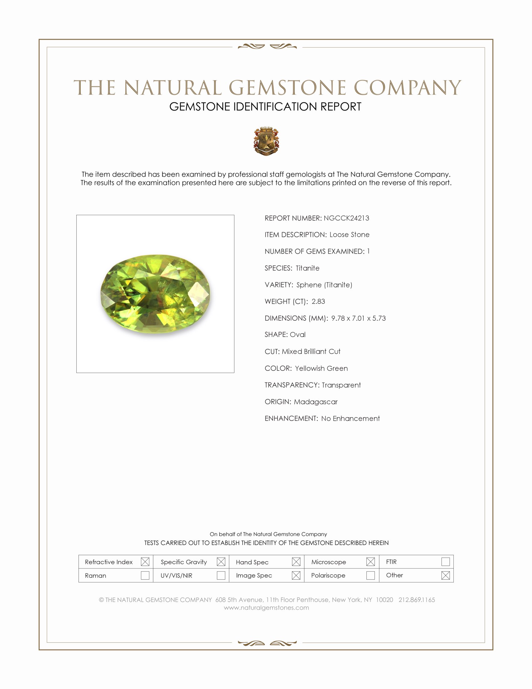 2.83 Ct. Yellowish Green Sphene (Titanite) from Madagascar