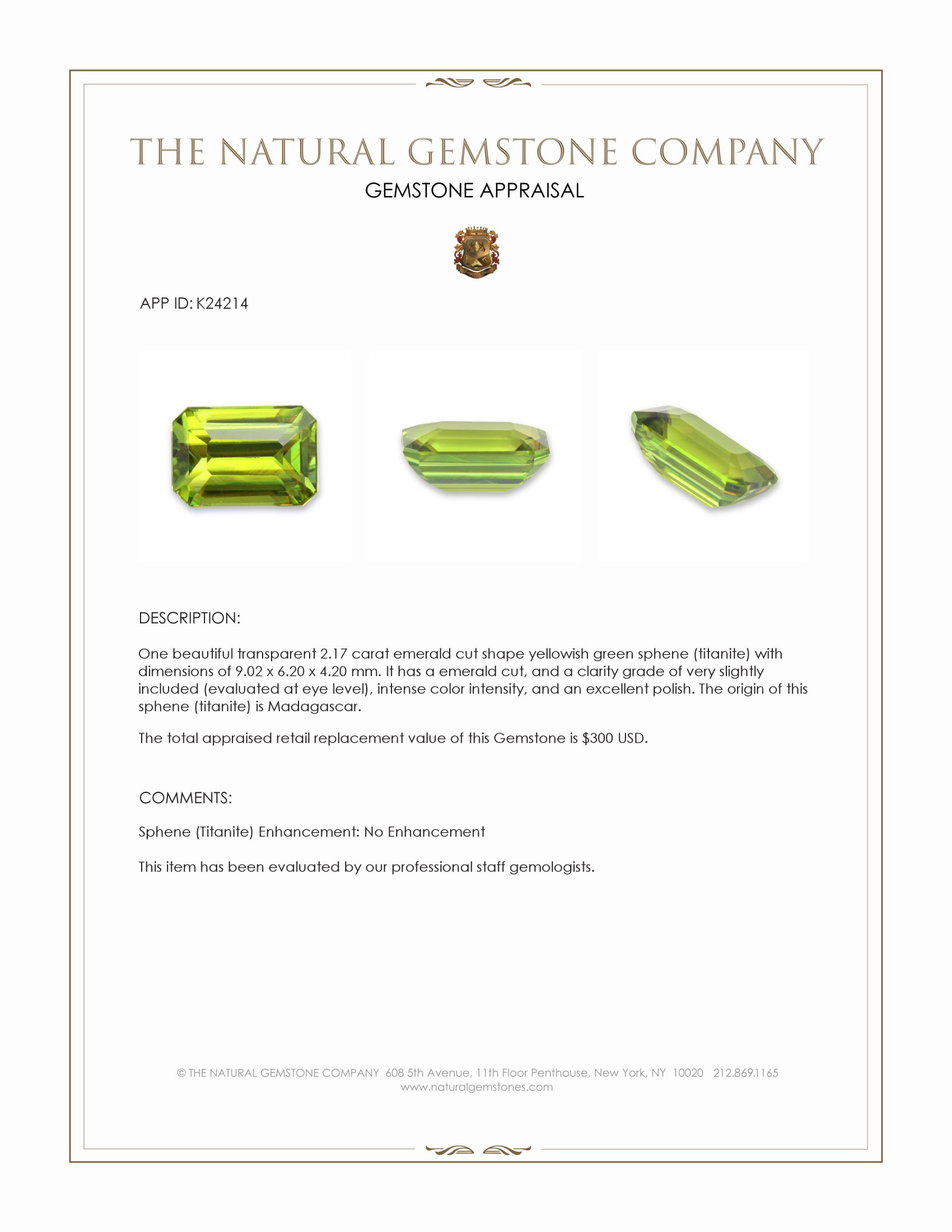 2.17 Ct. Yellowish Green Sphene (Titanite) from Madagascar