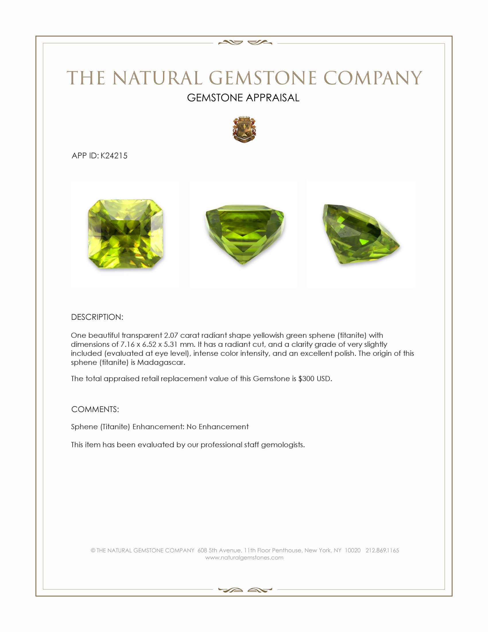 2.07 Ct. Yellowish Green Sphene (Titanite) from Madagascar
