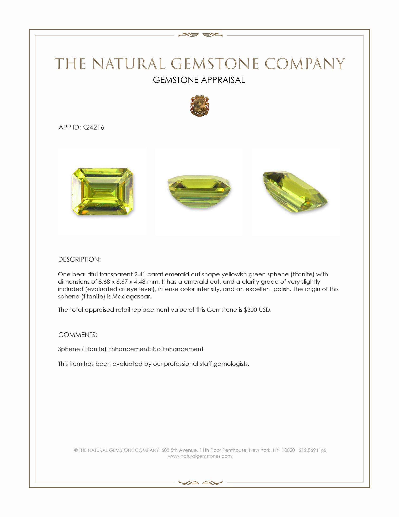 2.41 Ct. Yellowish Green Sphene (Titanite) from Madagascar