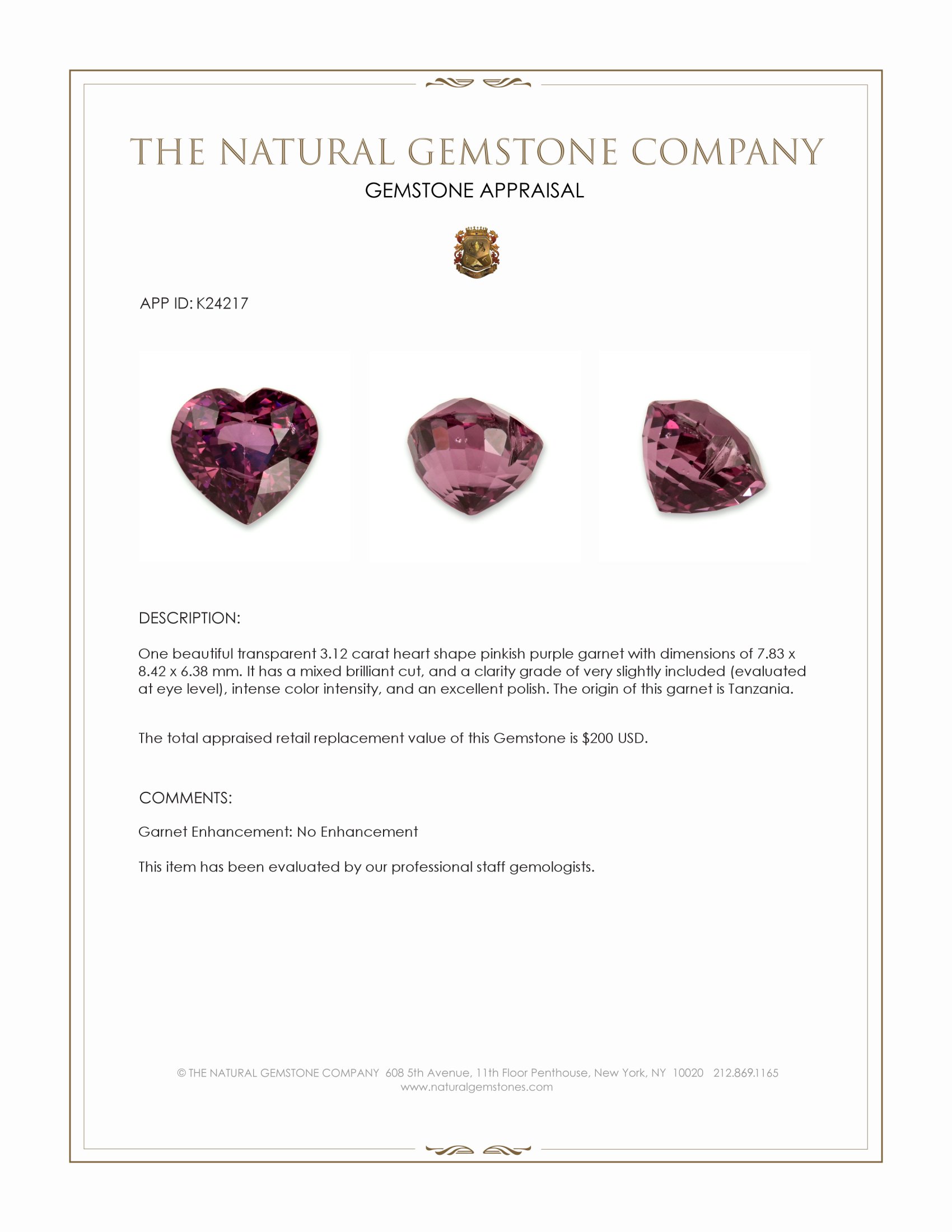 3.12 Ct. Pinkish Purple Garnet from Tanzania