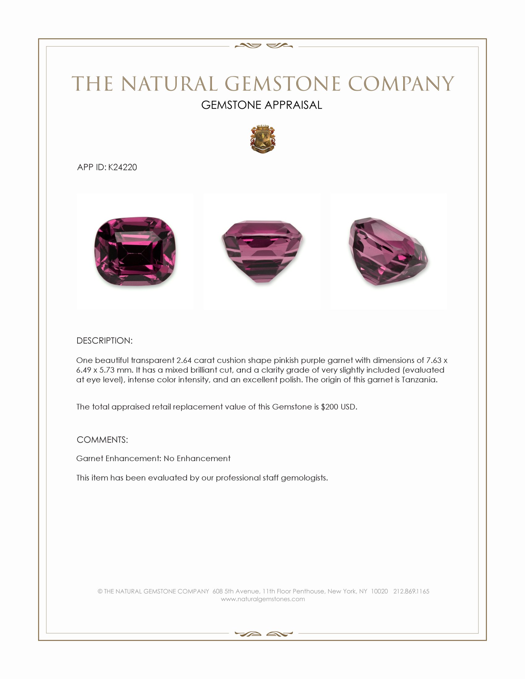 2.64 Ct. Pinkish Purple Garnet from Tanzania