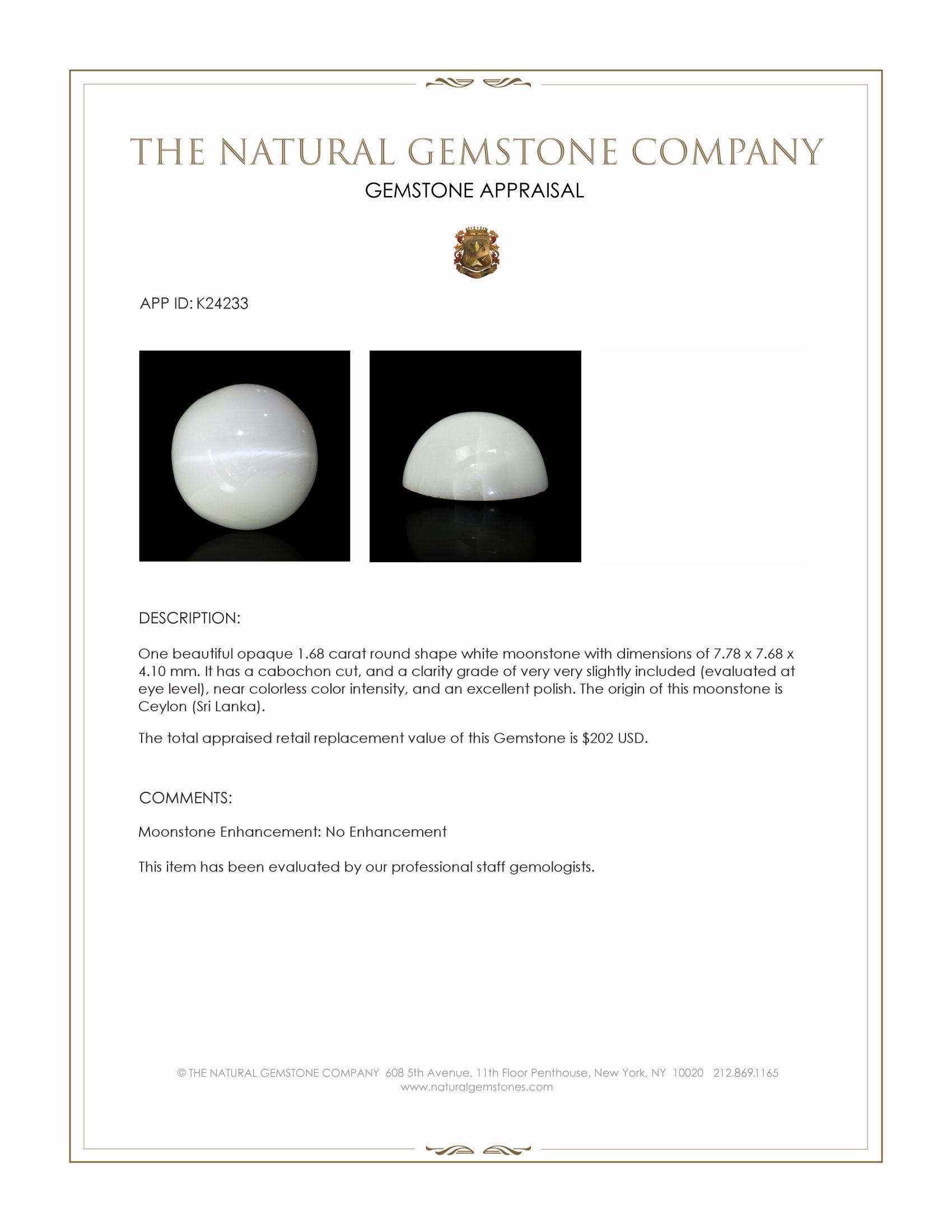 1.68 Ct. White Cabochon Moonstone from Ceylon (Sri Lanka)