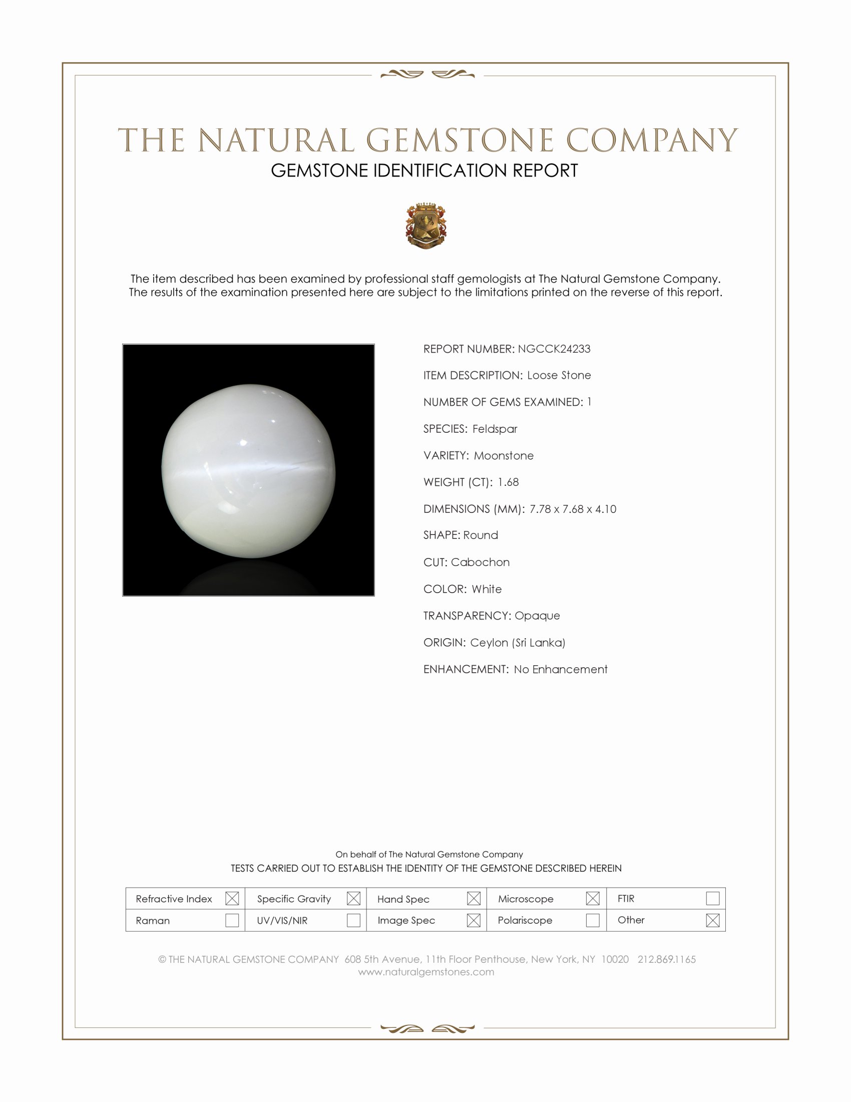 1.68 Ct. White Cabochon Moonstone from Ceylon (Sri Lanka)
