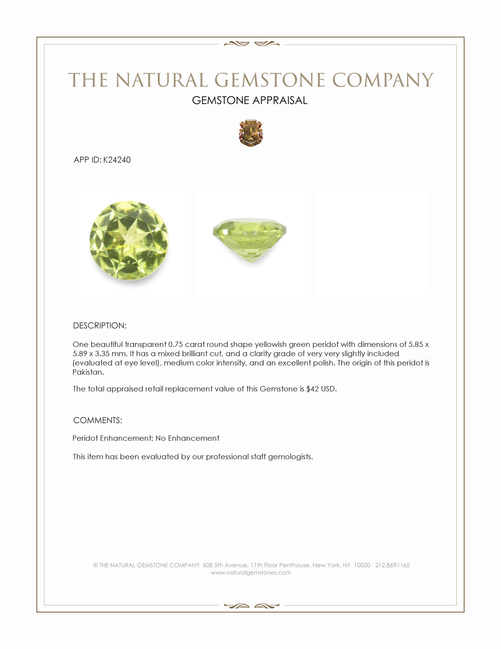 0.75 Ct. Yellowish Green Peridot from Pakistan