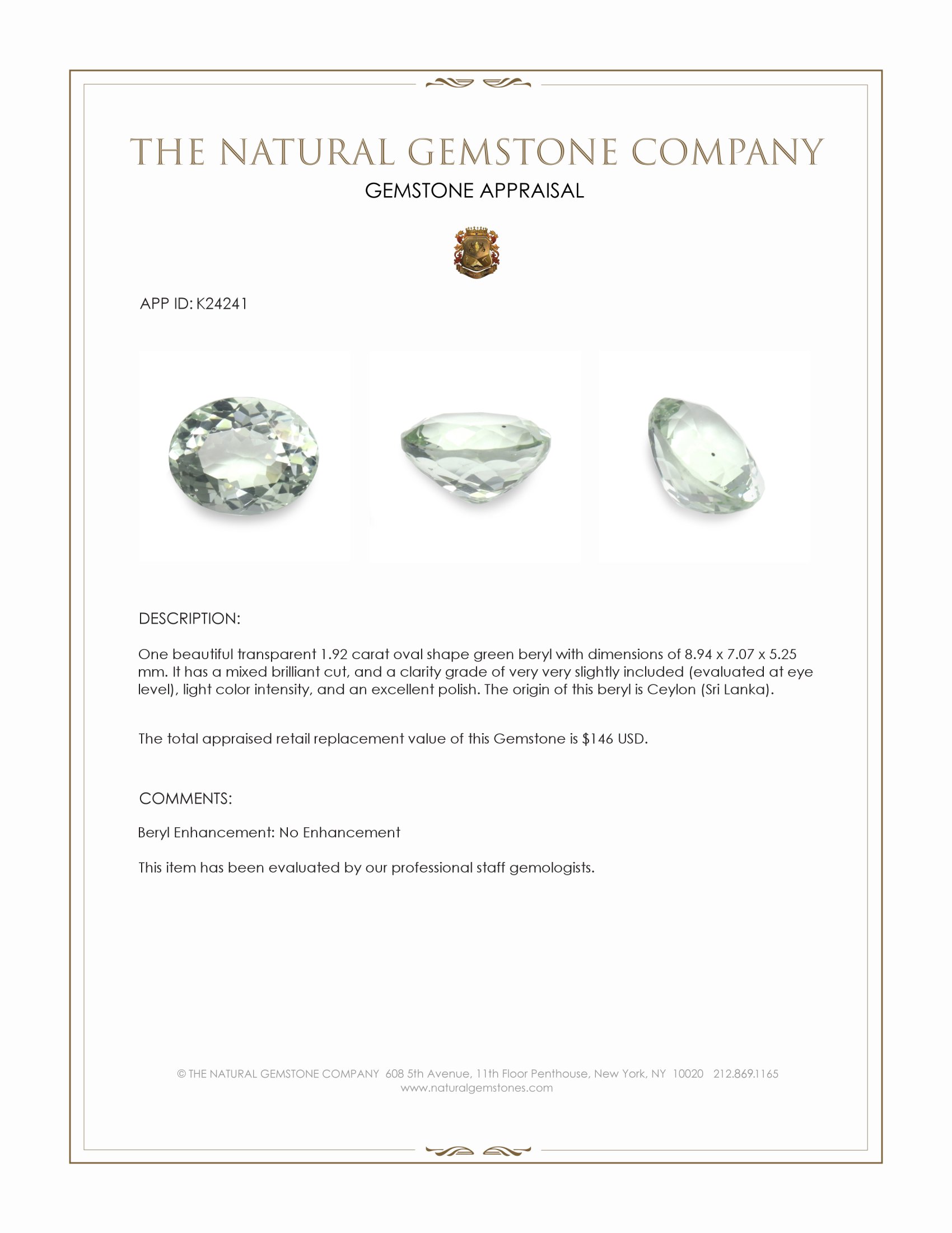 1.92 Ct. Green Beryl from Ceylon (Sri Lanka)