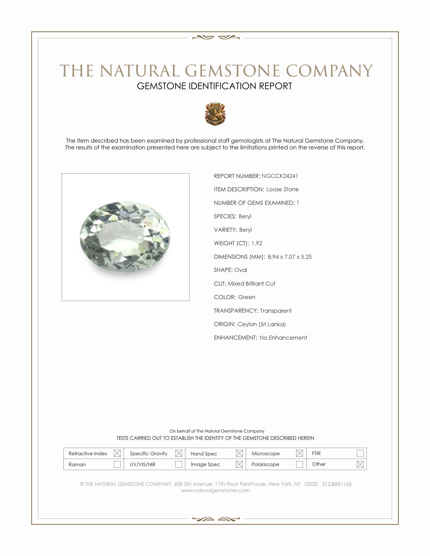 1.92 Ct. Green Beryl from Ceylon (Sri Lanka)