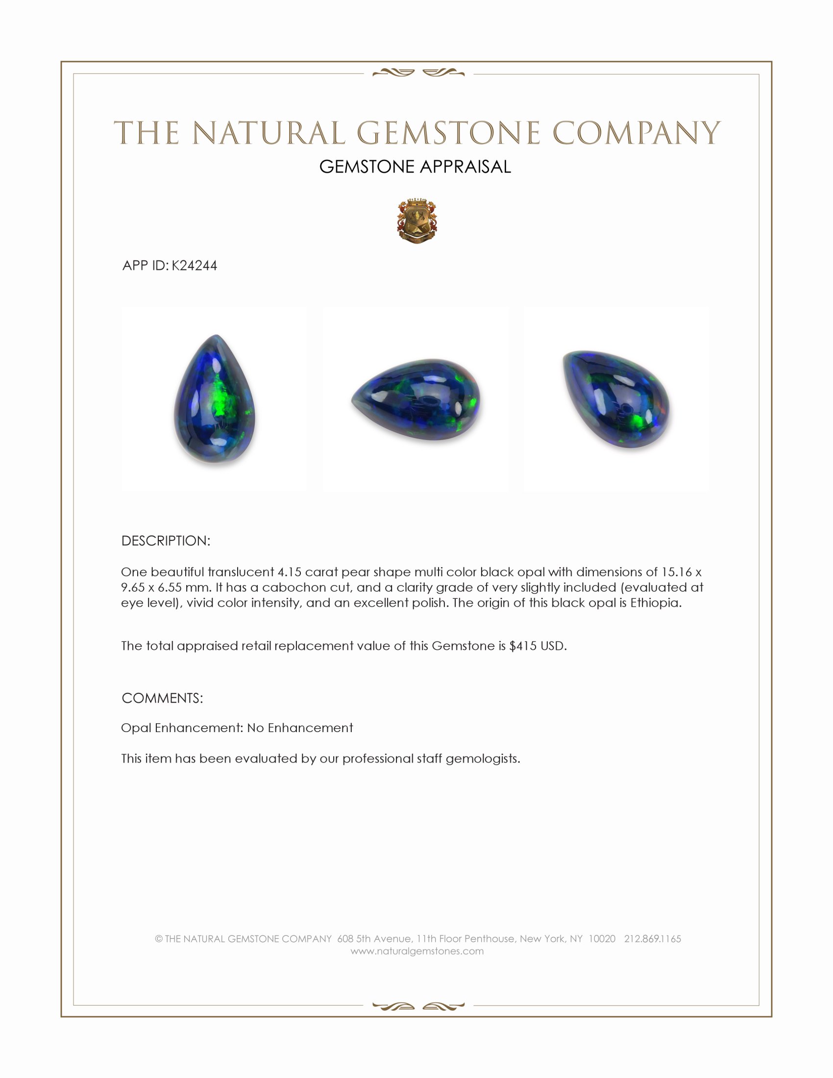 4.15 Ct. Multi Color Cabochon Black Opal from Ethiopia
