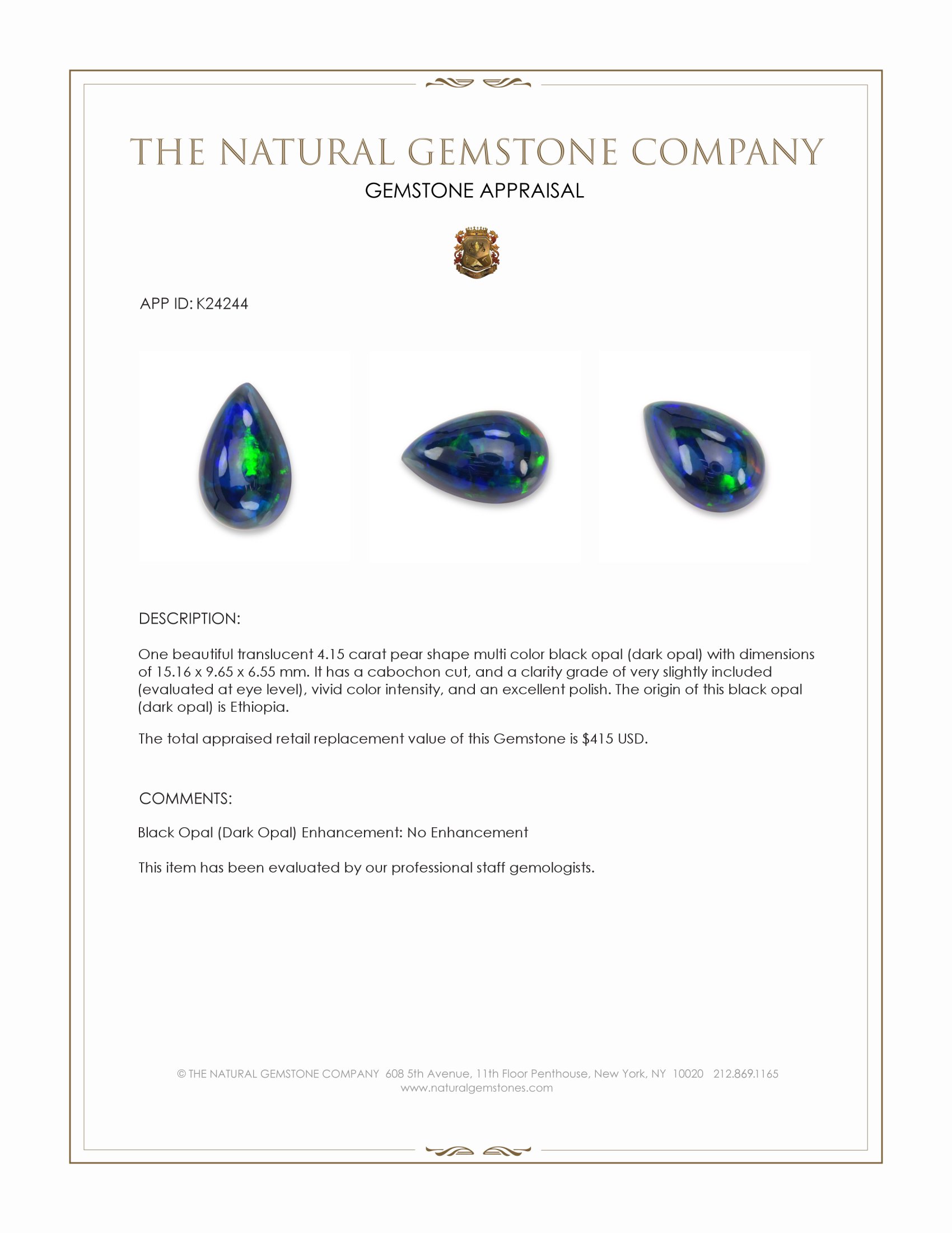 4.15 Ct. Multi Color Cabochon Black Opal (Dark Opal) from Ethiopia