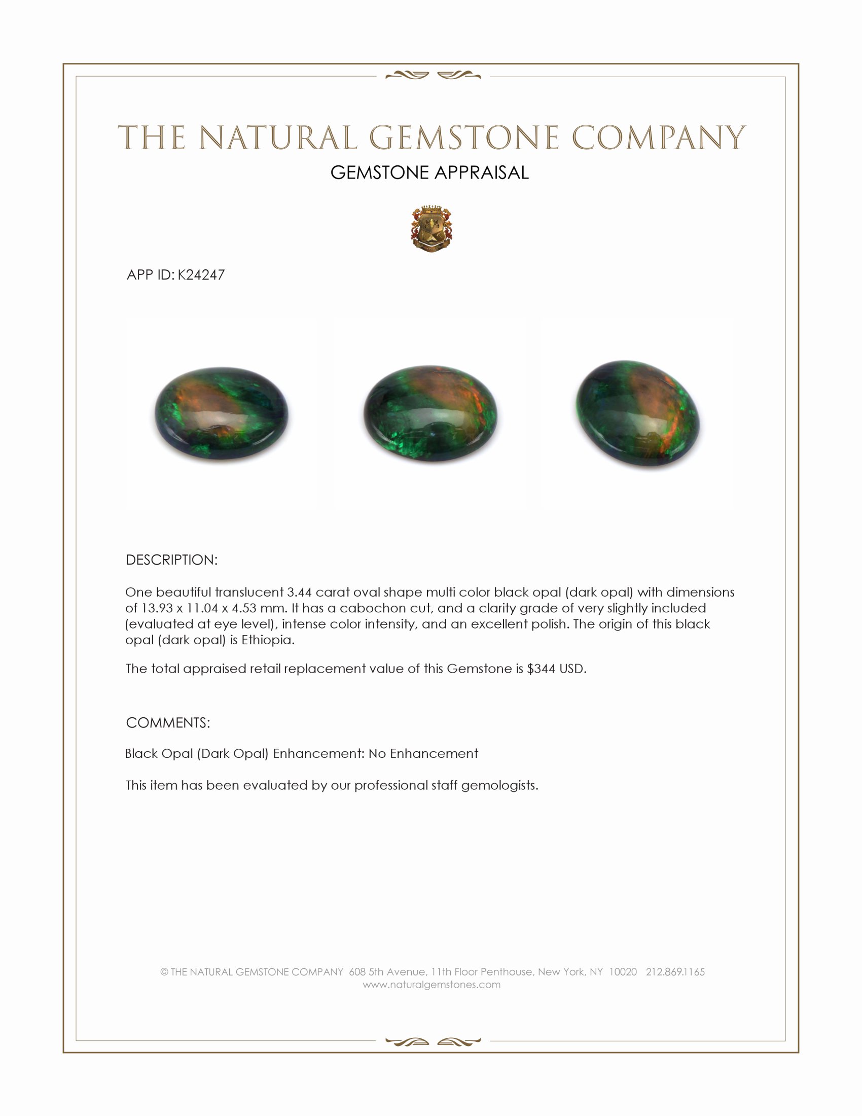 3.44 Ct. Multi Color Cabochon Black Opal (Dark Opal) from Ethiopia