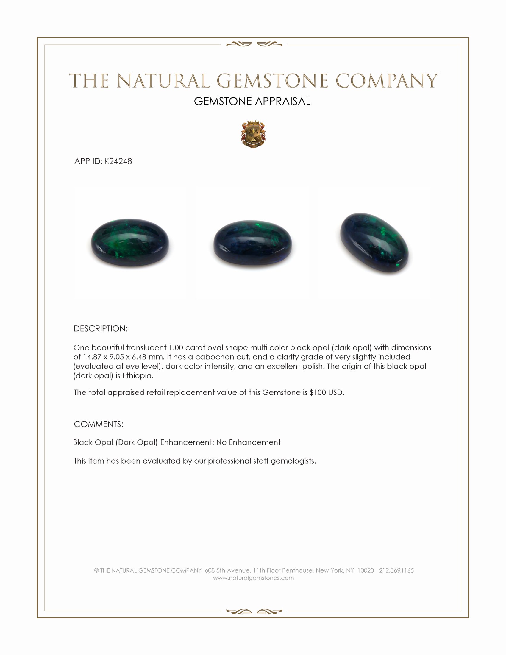 1.00 Ct. Multi Color Cabochon Black Opal (Dark Opal) from Ethiopia