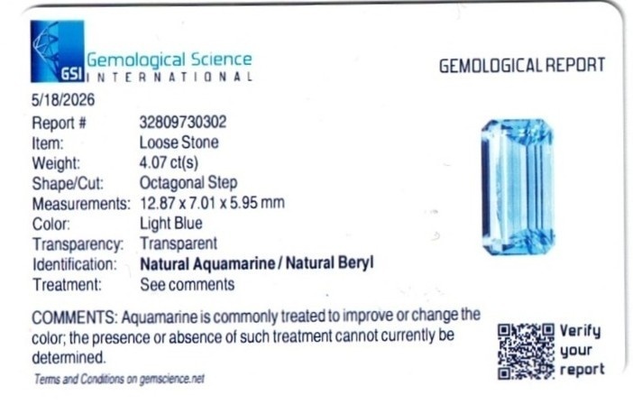 4.07 Ct. Blue Aquamarine from Brazil