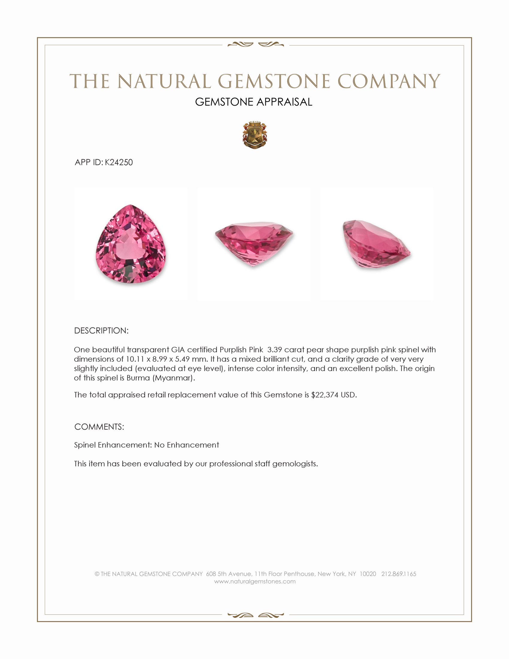 3.39 Ct. Purplish Pink Spinel from Burma (Myanmar)