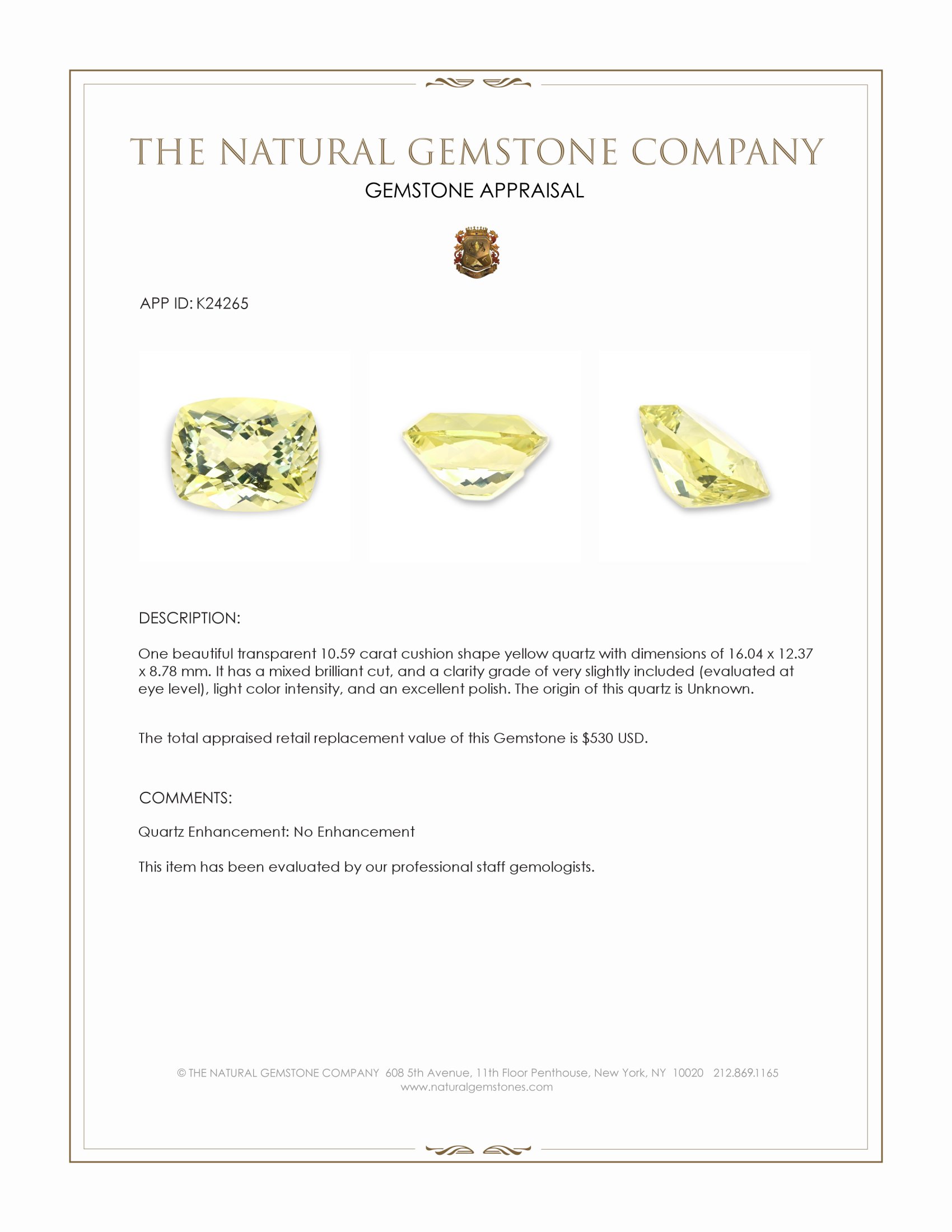 10.59 Ct. Yellow Quartz