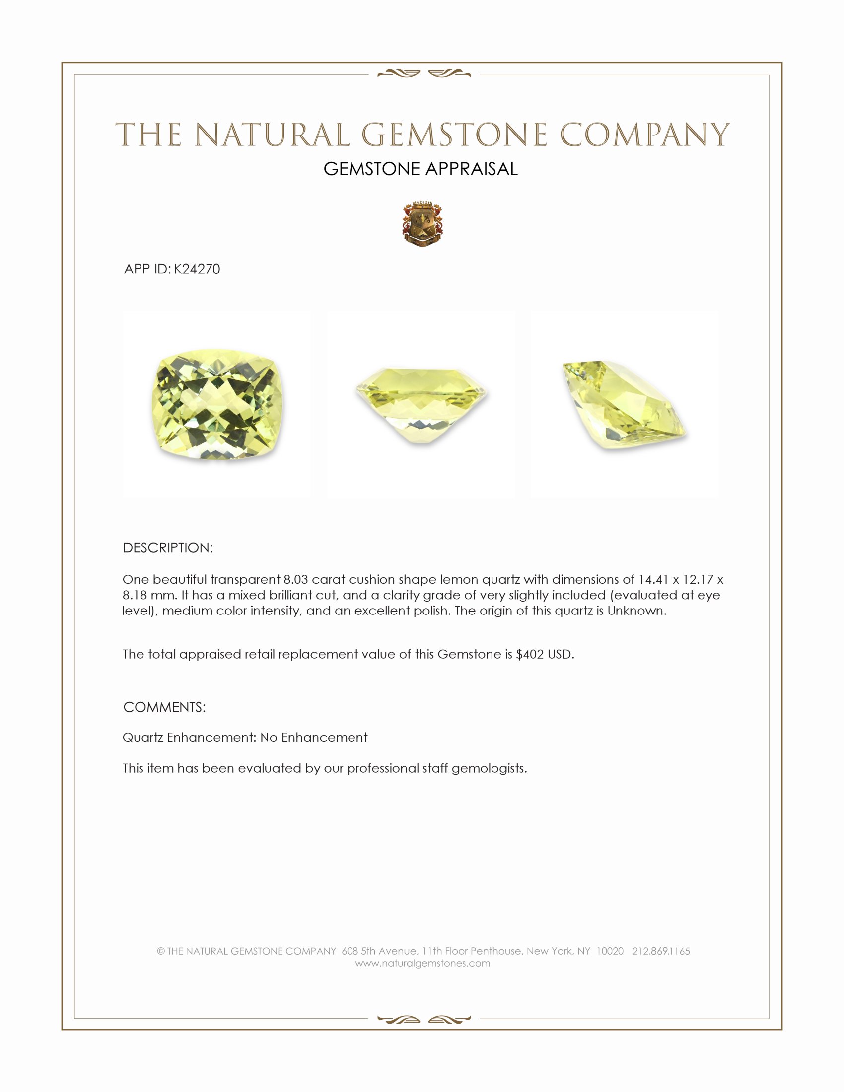 8.03 Ct. Lemon Quartz