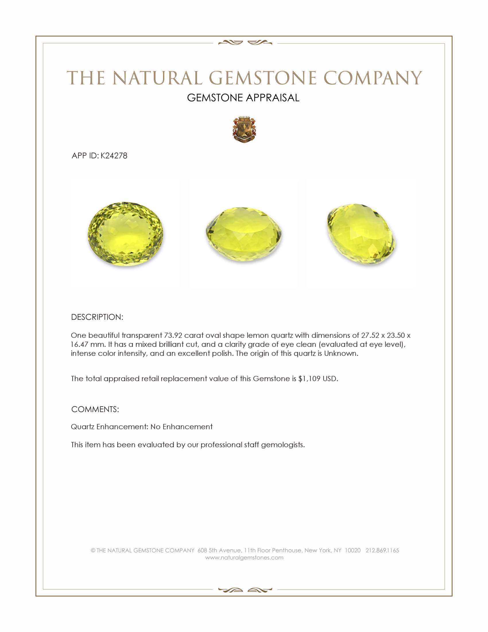 73.92 Ct. Lemon Quartz
