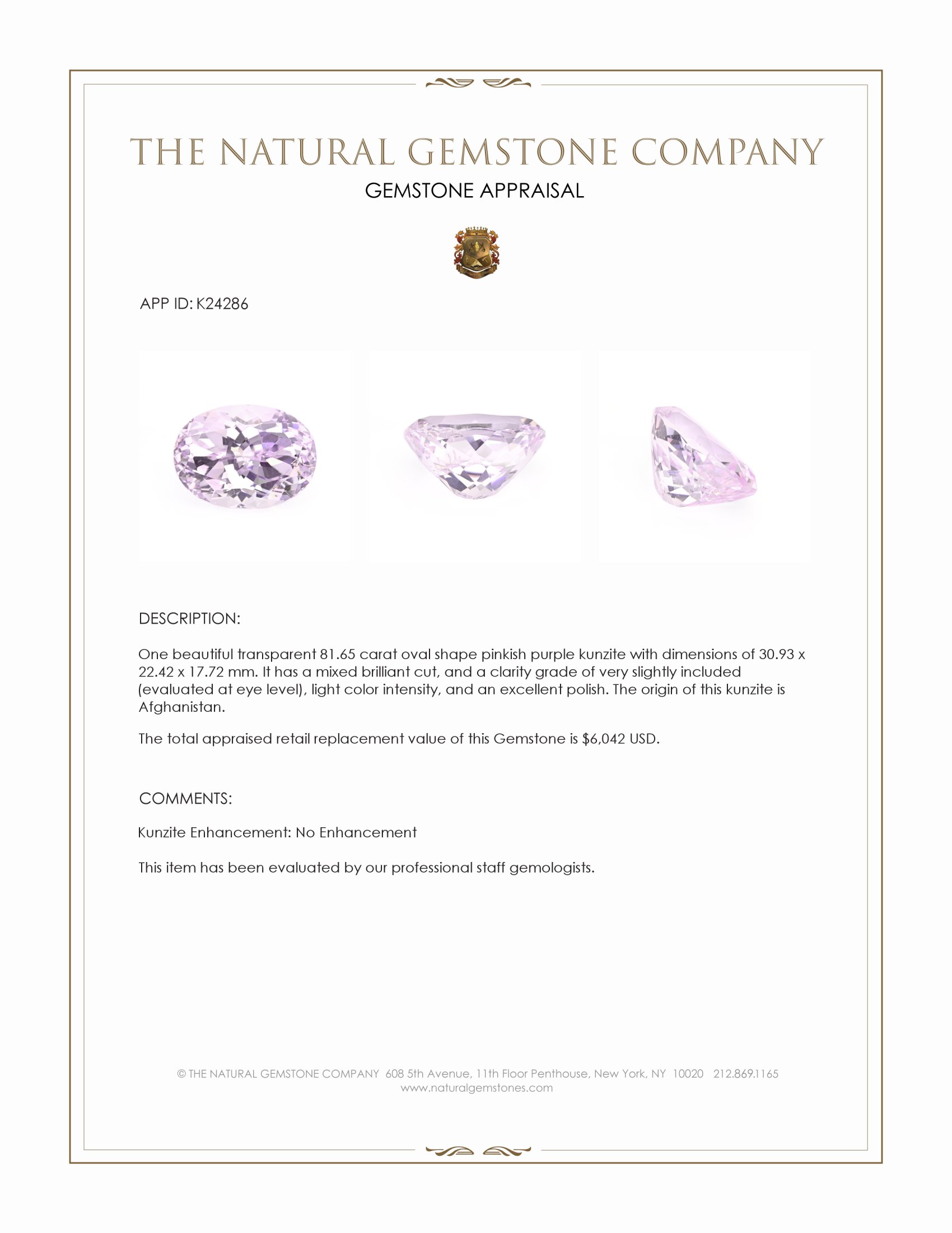 81.65 Ct. Pinkish Purple Kunzite from Afghanistan