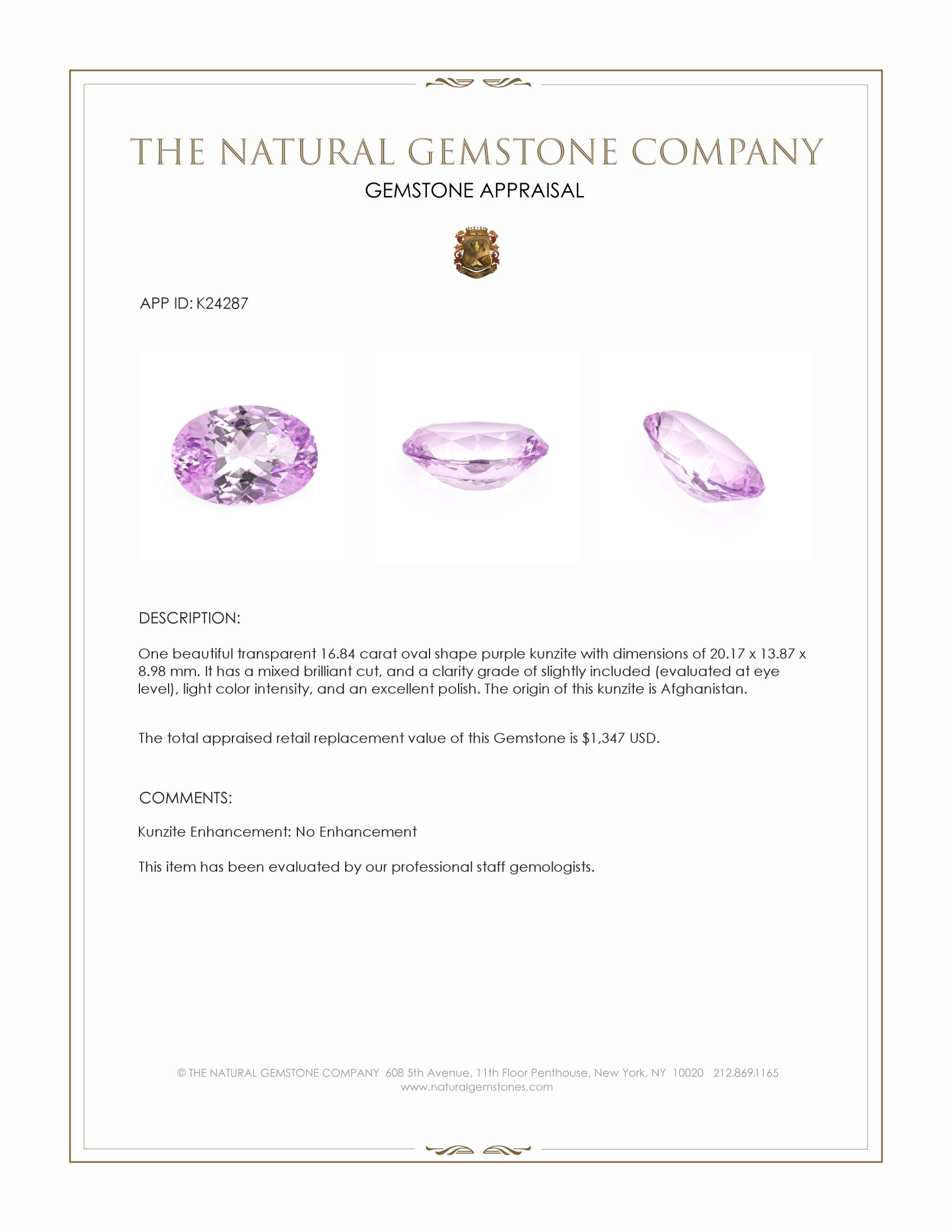 16.84 Ct. Purple Kunzite from Afghanistan