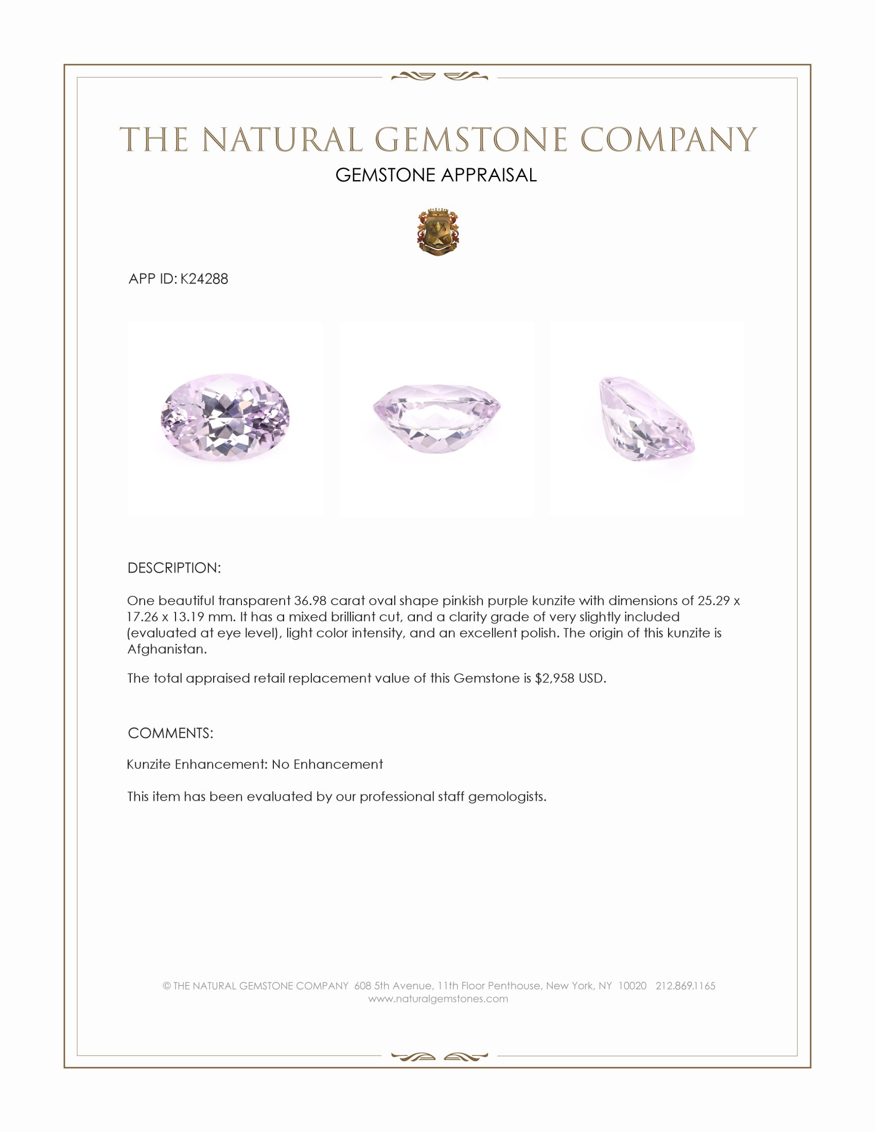 36.98 Ct. Pinkish Purple Kunzite from Afghanistan