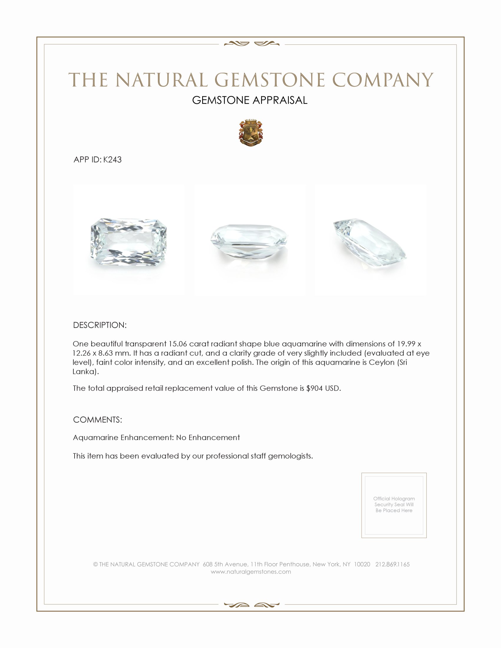 15.06 Ct. Greenish Blue Aquamarine from Ceylon (Sri Lanka)